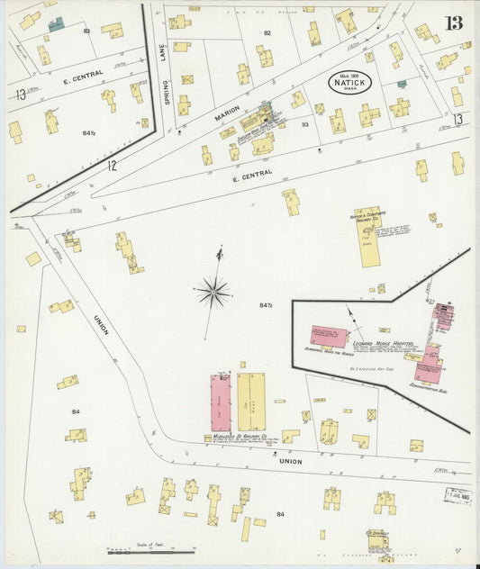 Sanborn Fire Insurance Map from Natick, Middlesex County, Massachusetts (1909), Sheet #0013 - Historic Sanborn Fire Insurance Map Print, vintage old map wall art, antique decor, genealogy gift, Massachusetts Massachusetts map