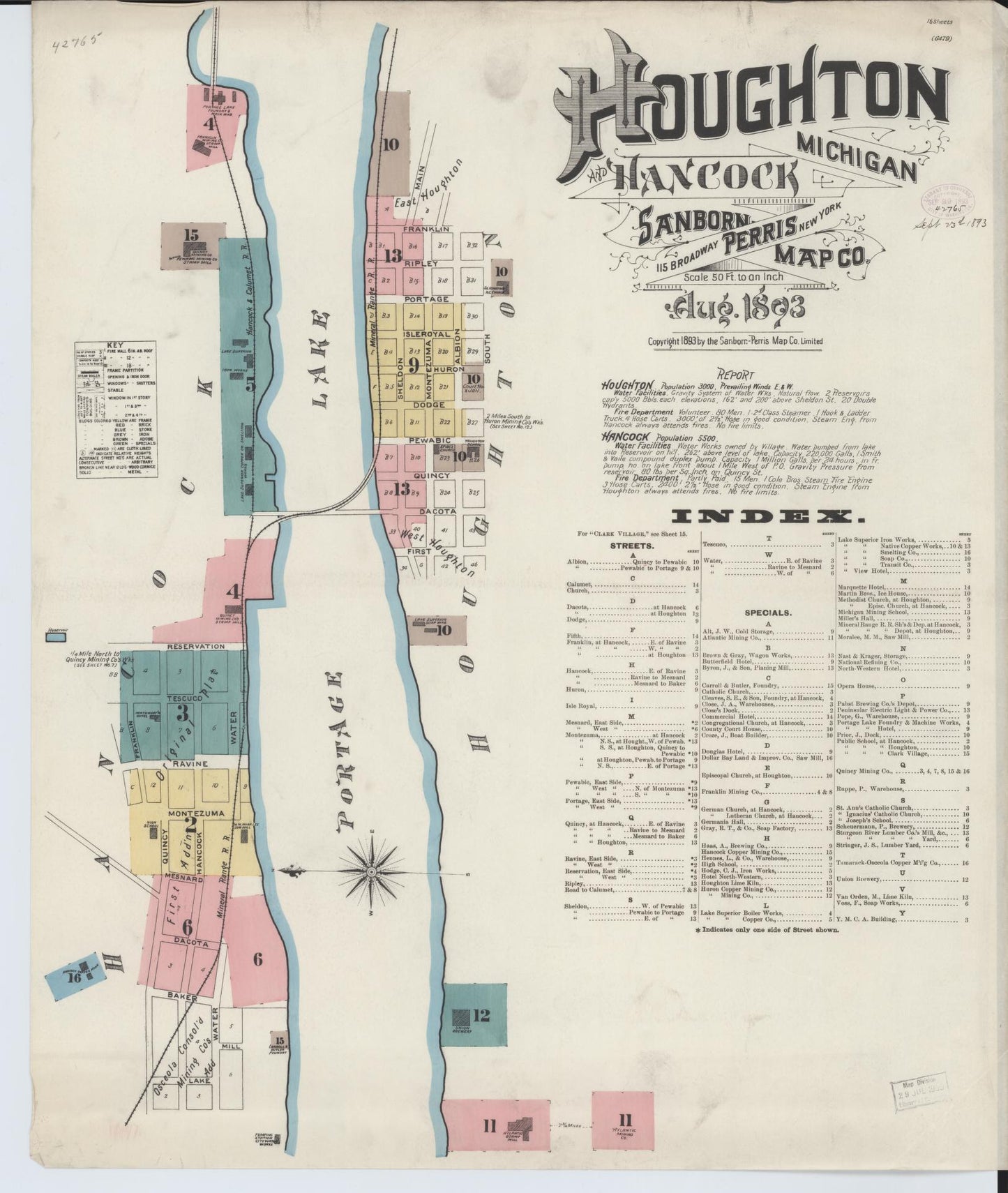 Sanborn Fire Insurance Map from Houghton, Houghton County, Michigan (1893), Sheet #0001 - Complete Map Set gallery image, historic Sanborn map, vintage wall art, Michigan Michigan