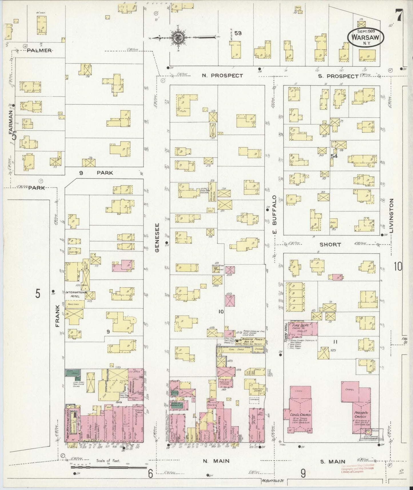 Sanborn Fire Insurance Map from Warsaw, Wyoming County, New York (1909), Sheet #0007 - Historic Sanborn Fire Insurance Map Print, vintage old map wall art, antique decor, genealogy gift, Warsaw Wyoming map