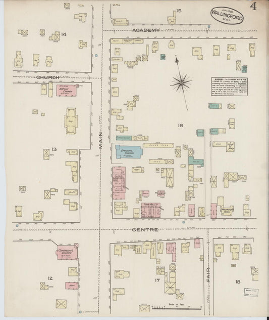 Sanborn Fire Insurance Map from Wallingford, New Haven County, Connecticut (1885), Sheet #0004 - Historic Sanborn Fire Insurance Map Print, vintage old map wall art, antique decor, genealogy gift, Connecticut Connecticut map