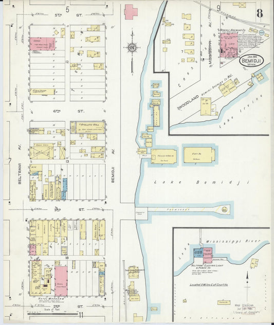 Sanborn Fire Insurance Map from Bemidji, Beltrami County, Minnesota (1914), Sheet #0008 - Historic Sanborn Fire Insurance Map Print, vintage old map wall art, antique decor, genealogy gift, Minnesota Minnesota map