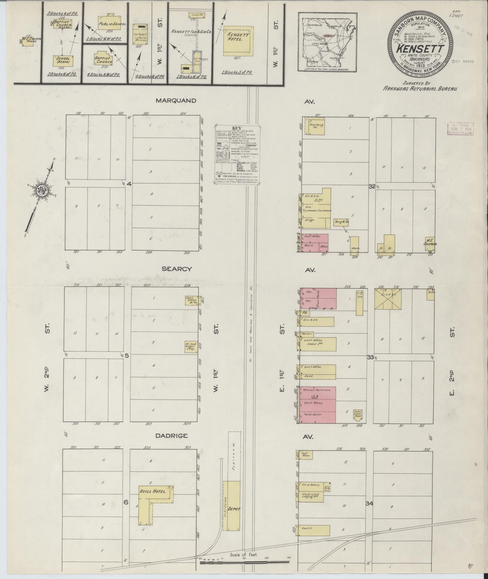 Sanborn Fire Insurance Map from Kensett, White County, Arkansas (1913), Sheet #0001 - Historic Sanborn Fire Insurance Map Print, vintage old map wall art, antique decor, genealogy gift, Arkansas Arkansas map