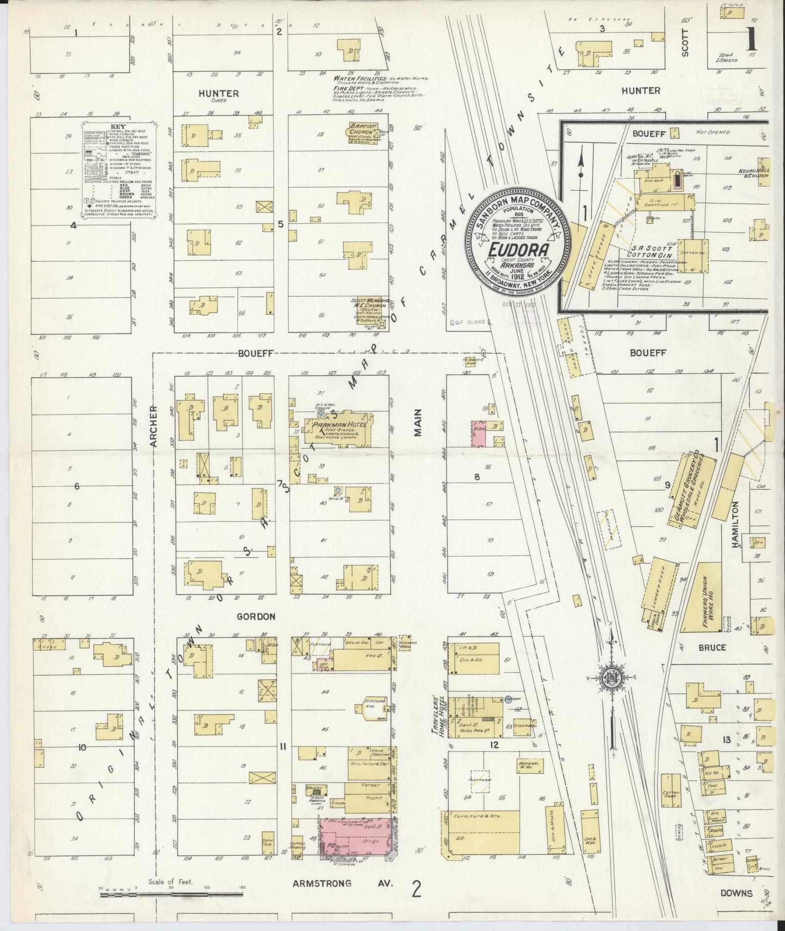 Sanborn Fire Insurance Map from Eudora, Chicot County, Arkansas (1912), Sheet #0001 - Historic Sanborn Fire Insurance Map Print, vintage old map wall art, antique decor, genealogy gift, Arkansas Arkansas map