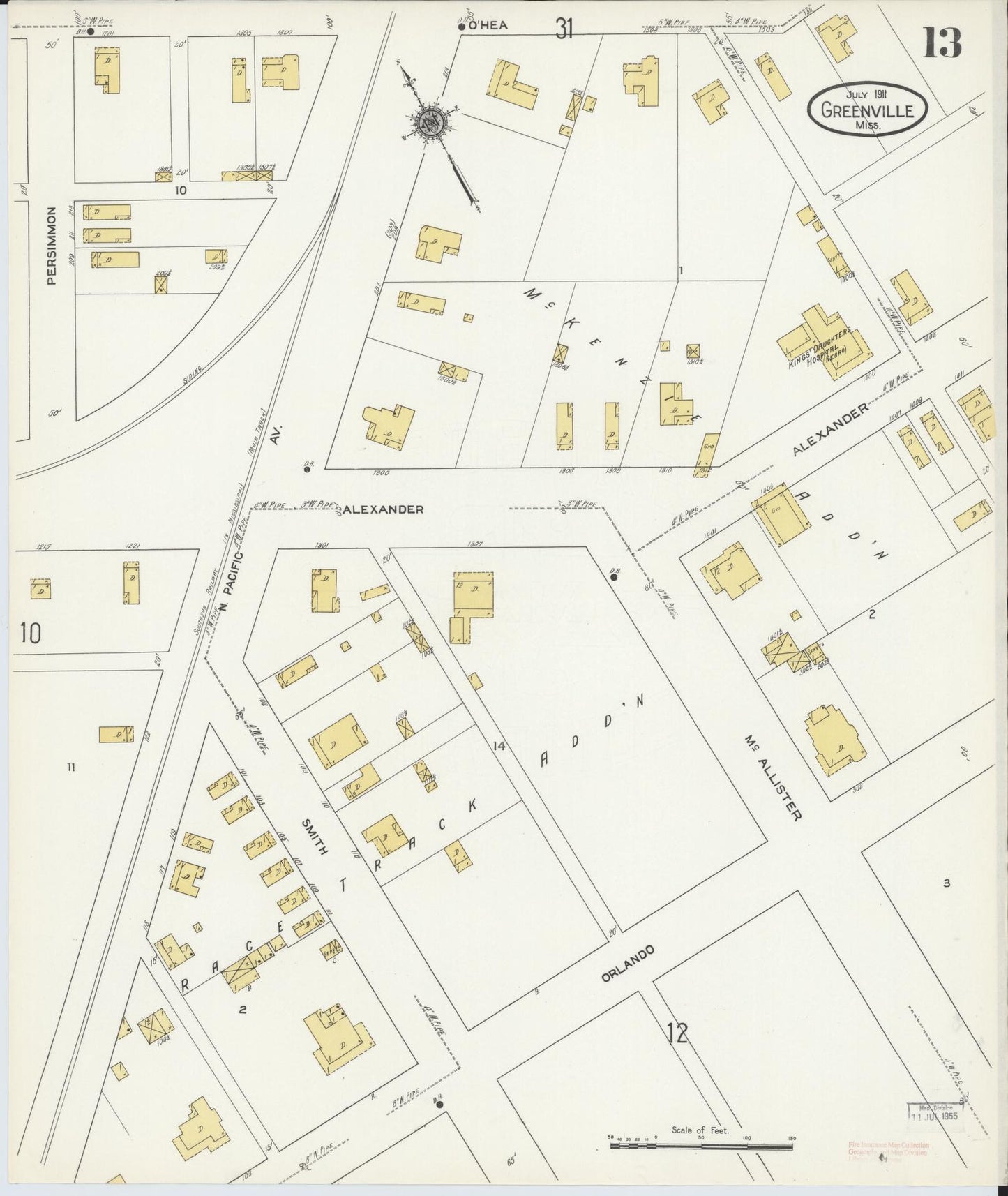 Sanborn Fire Insurance Map from Greenville, Washington County, Mississippi (1911), Sheet #0013 - Historic Sanborn Fire Insurance Map Print, vintage old map wall art, antique decor, genealogy gift, Mississippi Mississippi map