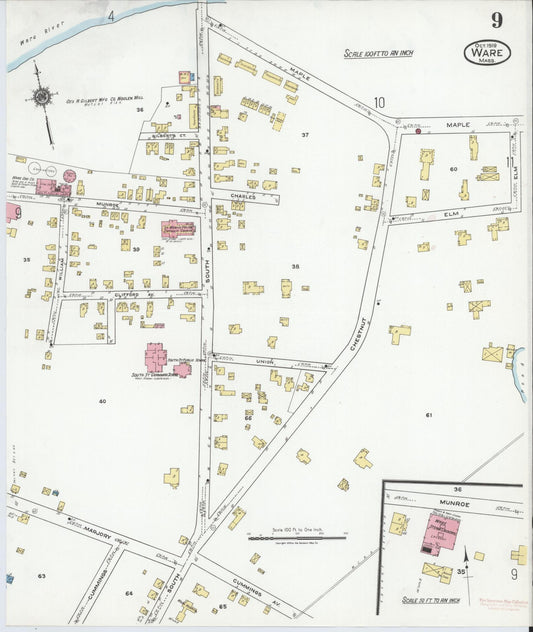 Sanborn Fire Insurance Map from Ware, Hampshire County, Massachusetts (1919), Sheet #0009 - Historic Sanborn Fire Insurance Map Print, vintage old map wall art, antique decor, genealogy gift, Massachusetts Massachusetts map