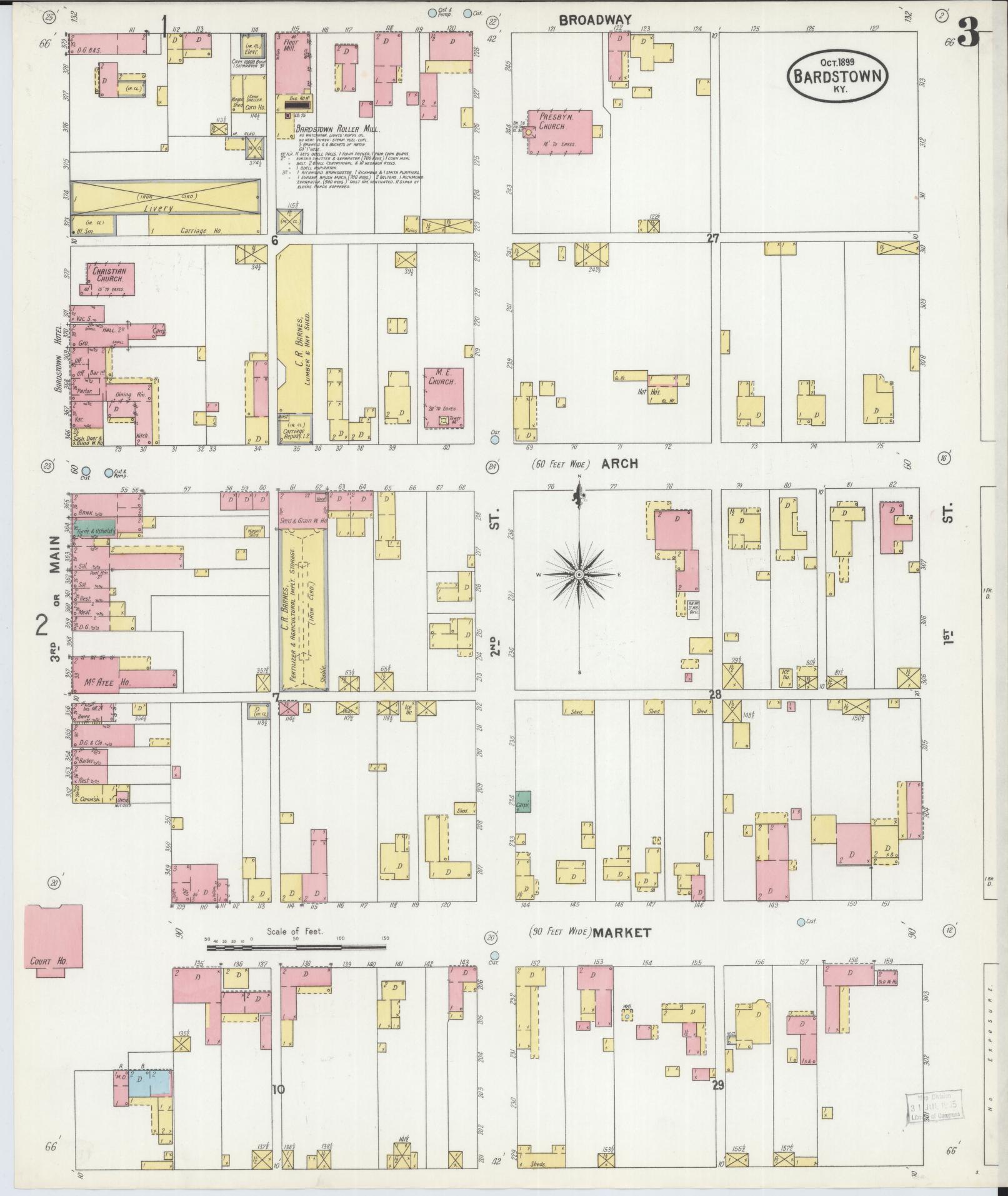 Sanborn Fire Insurance Map from Bardstown, Nelson County, Kentucky (1899), Sheet #0003 - Complete Map Set gallery image, historic Sanborn map, vintage wall art, Kentucky Kentucky