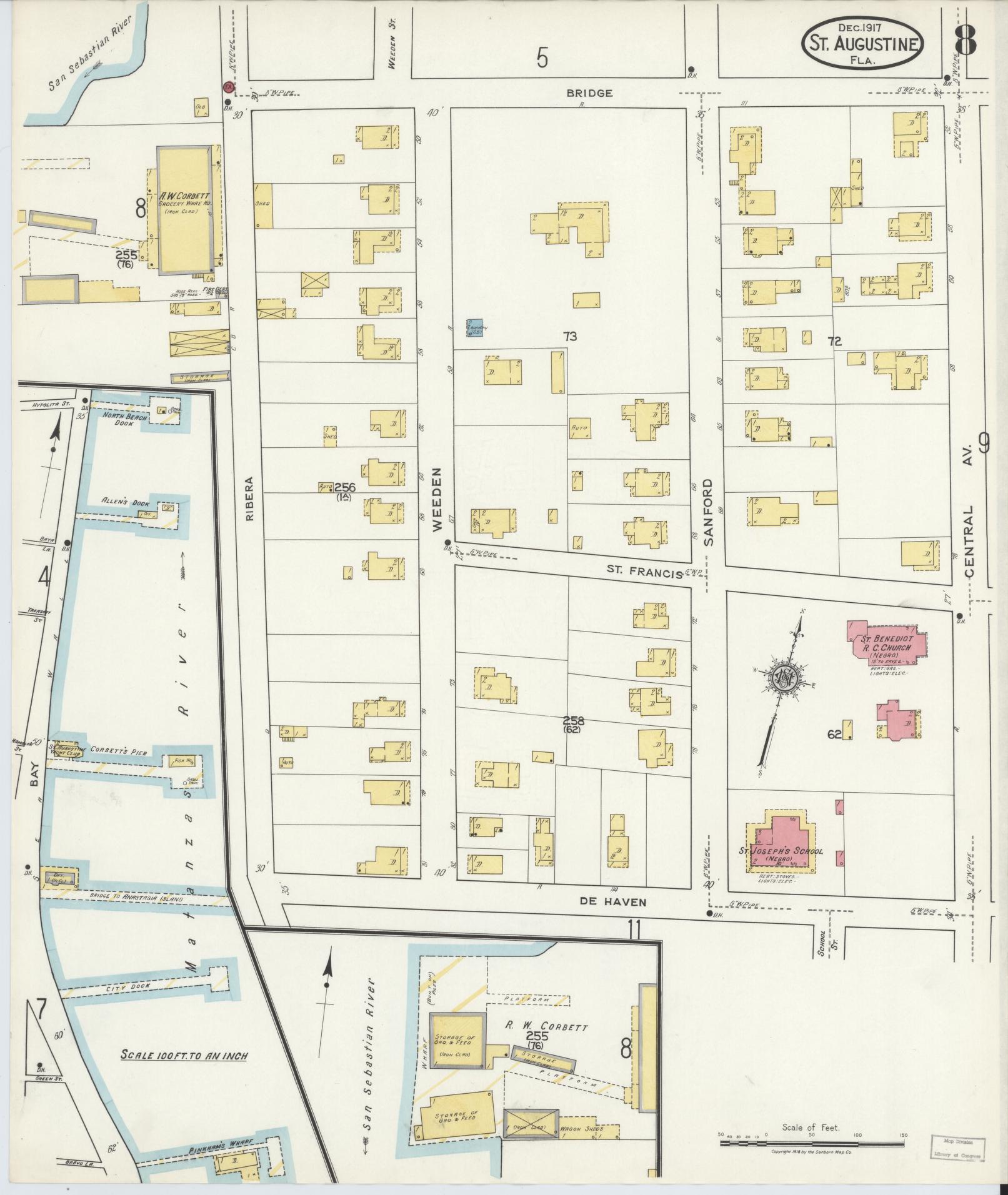 Sanborn Fire Insurance Map from Saint Augustine, Saint John's County, Florida (1917), Sheet #0008 - Complete Map Set gallery image, historic Sanborn map, vintage wall art, Florida Florida