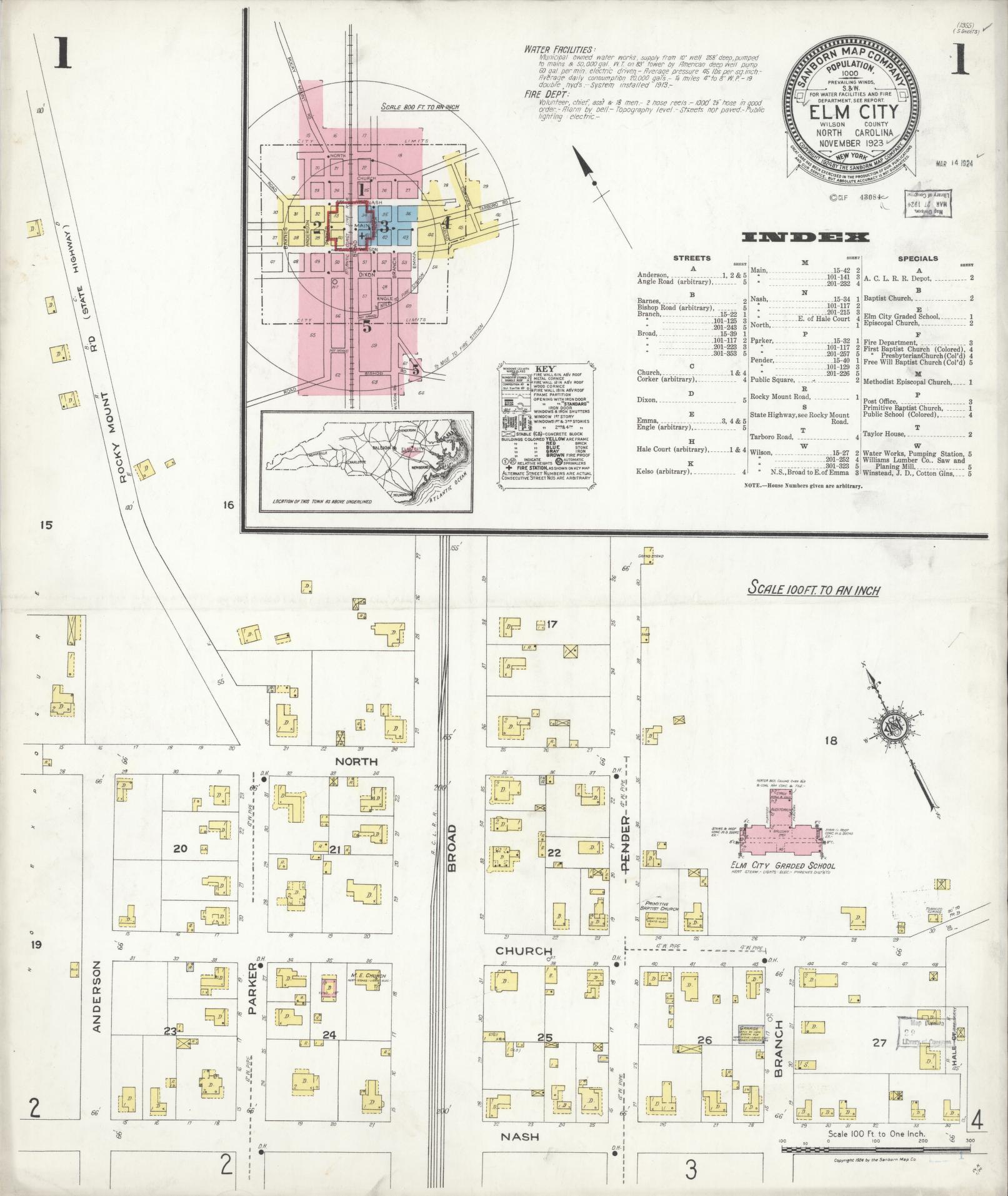 Sanborn Fire Insurance Map from Elm City, Wilson County, North Carolina (1923), Sheet #0001 - Complete Map Set gallery image, historic Sanborn map, vintage wall art, North Carolina North Carolina
