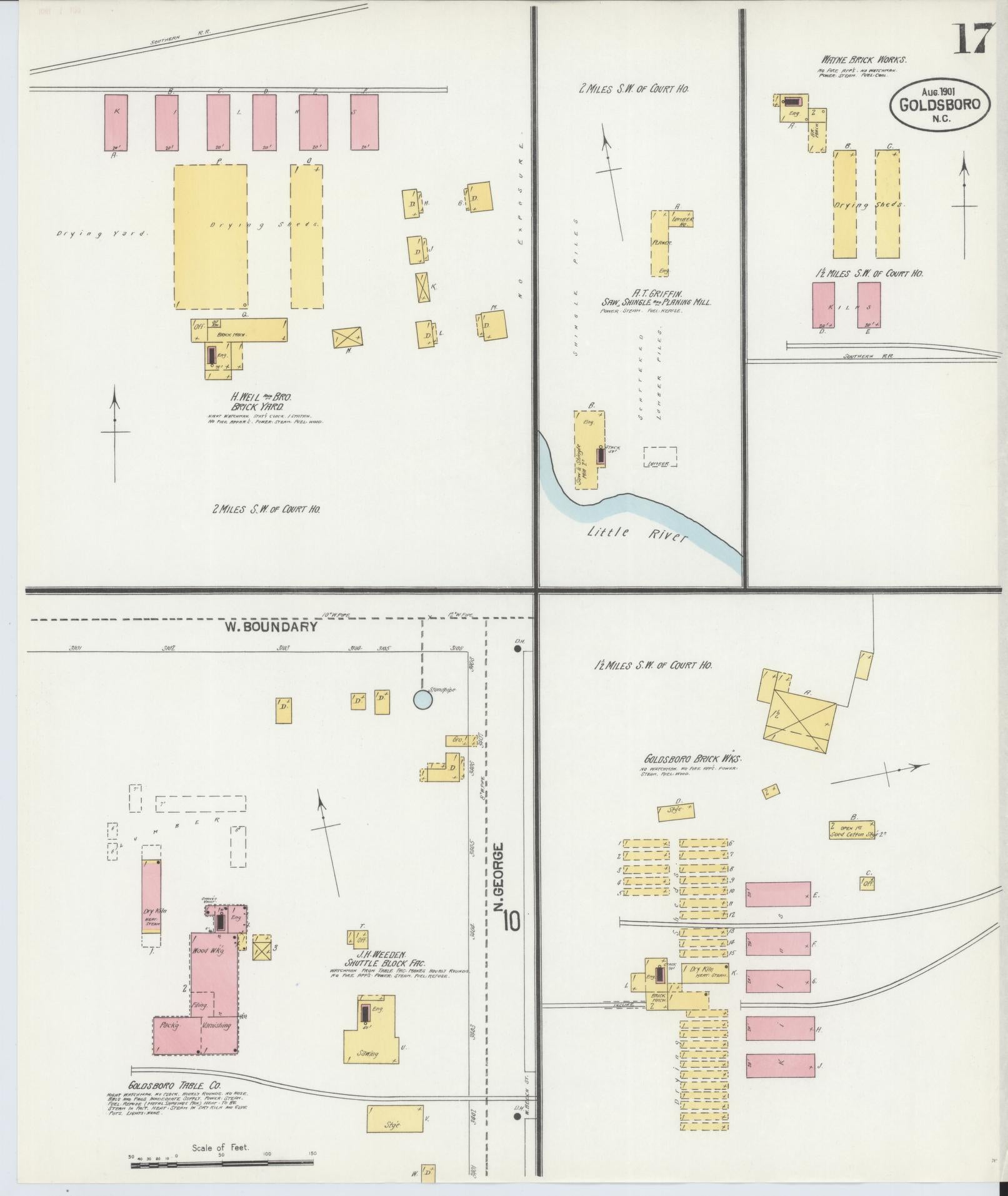 Sanborn Fire Insurance Map from Goldsboro, Wayne County, North Carolina (1901), Sheet #0017 - Historic Sanborn Fire Insurance Map Print, vintage old map wall art, antique decor, genealogy gift, North Carolina North Carolina map