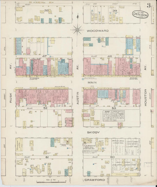 Sanborn Fire Insurance Map from Denison, Grayson County, Texas (1885), Sheet #0003 - Historic Sanborn Fire Insurance Map Print, vintage old map wall art, antique decor, genealogy gift, Texas Texas map