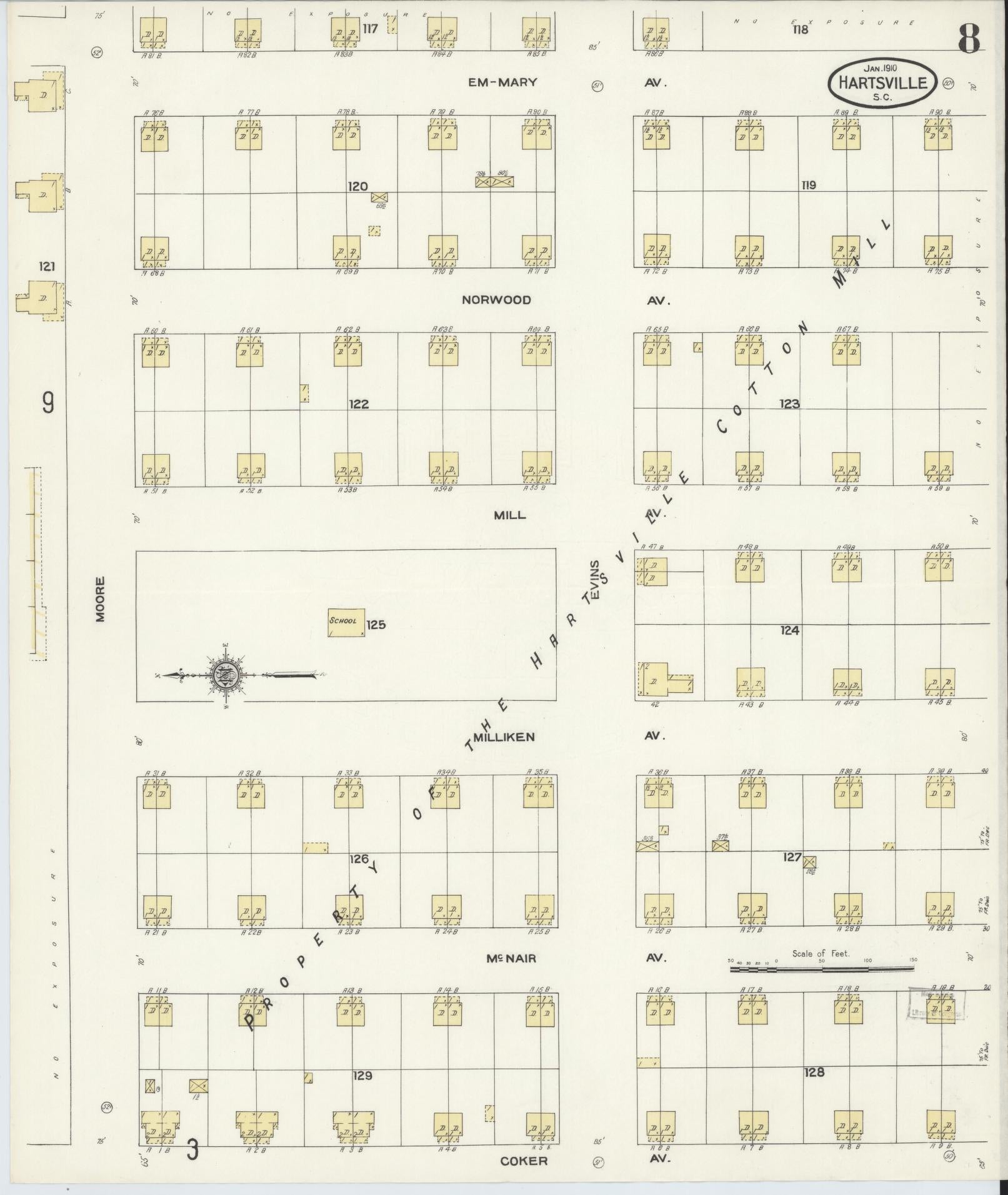 Sanborn Fire Insurance Map from Hartsville, Darlington County, South Carolina (1910), Sheet #0008 - Historic Sanborn Fire Insurance Map Print, vintage old map wall art, antique decor, genealogy gift, South Carolina South Carolina map