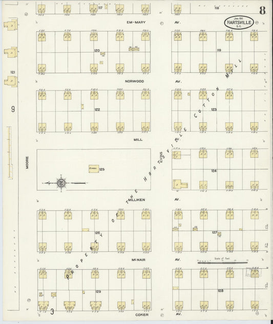 Sanborn Fire Insurance Map from Hartsville, Darlington County, South Carolina (1910), Sheet #0008 - Historic Sanborn Fire Insurance Map Print, vintage old map wall art, antique decor, genealogy gift, South Carolina South Carolina map