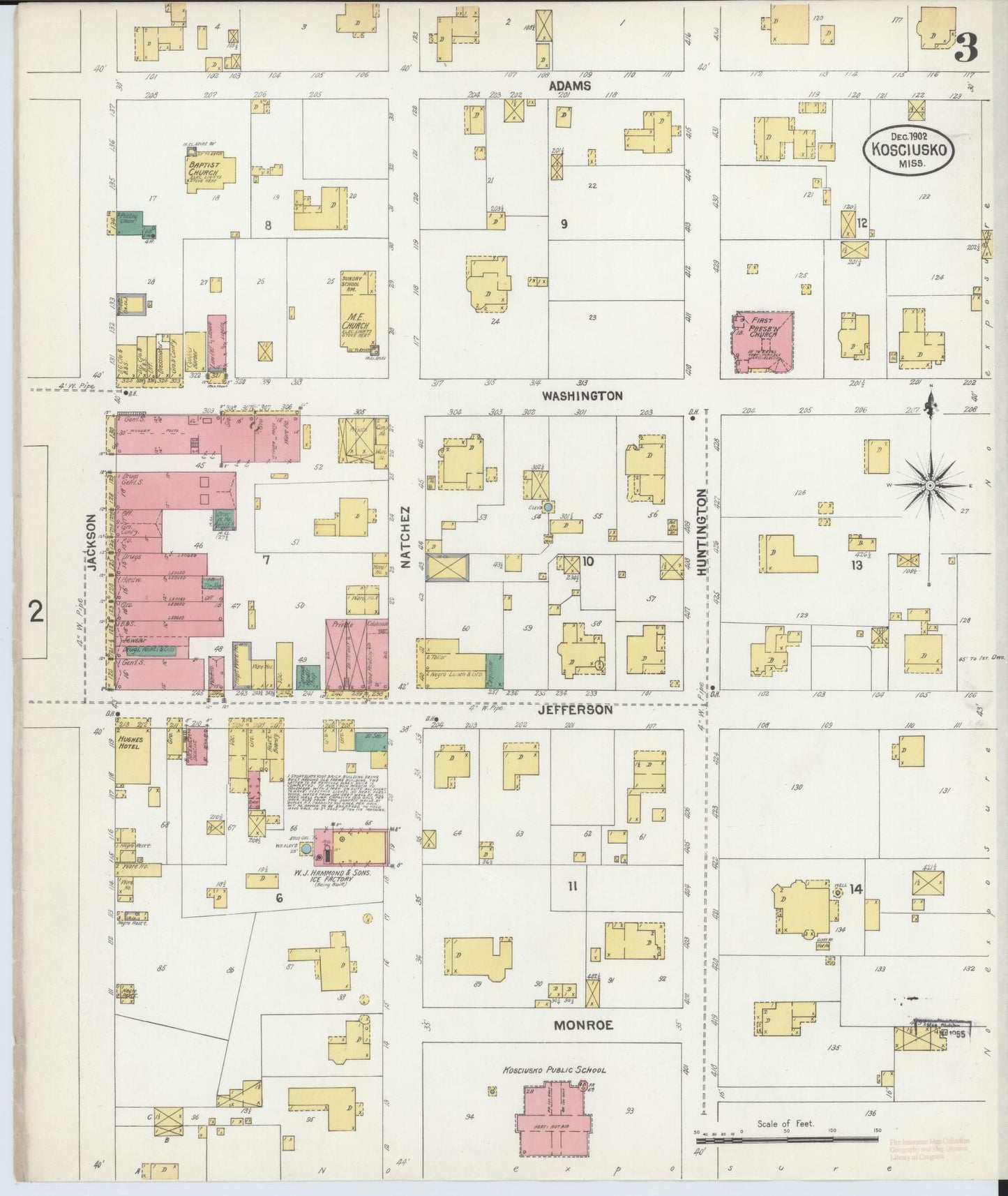 Sanborn Fire Insurance Map from Kosciusko, Attala County, Mississippi (1902), Sheet #0003 - Historic Sanborn Fire Insurance Map Print, vintage old map wall art, antique decor, genealogy gift, Mississippi Mississippi map