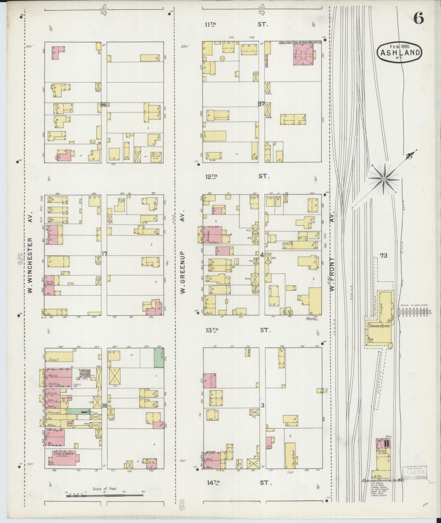 Sanborn Fire Insurance Map from Ashland, Boyd County, Kentucky (1895), Sheet #0006 - Historic Sanborn Fire Insurance Map Print, vintage old map wall art, antique decor, genealogy gift, Kentucky Kentucky map