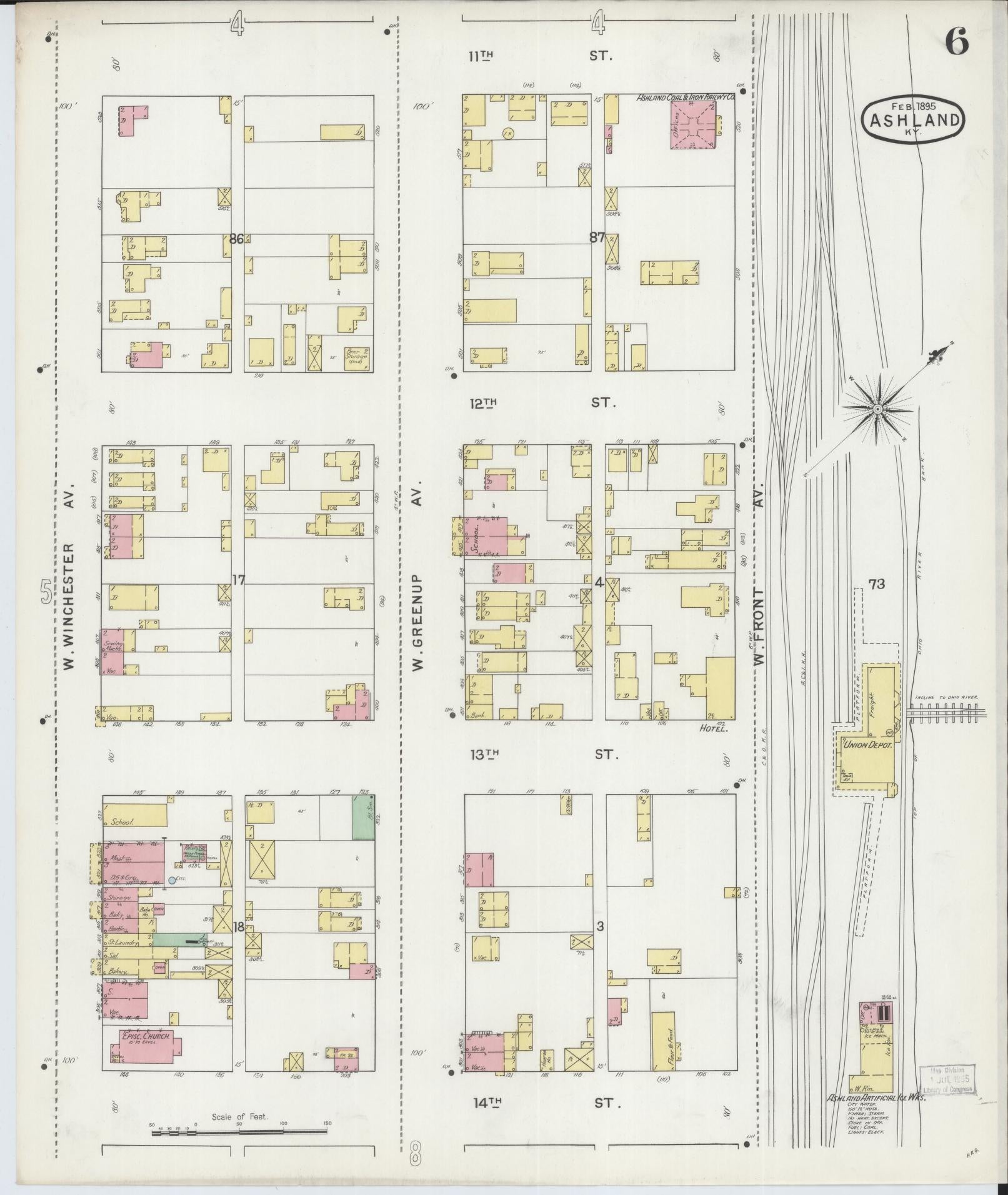 Sanborn Fire Insurance Map from Ashland, Boyd County, Kentucky (1895), Sheet #0006 - Historic Sanborn Fire Insurance Map Print, vintage old map wall art, antique decor, genealogy gift, Kentucky Kentucky map