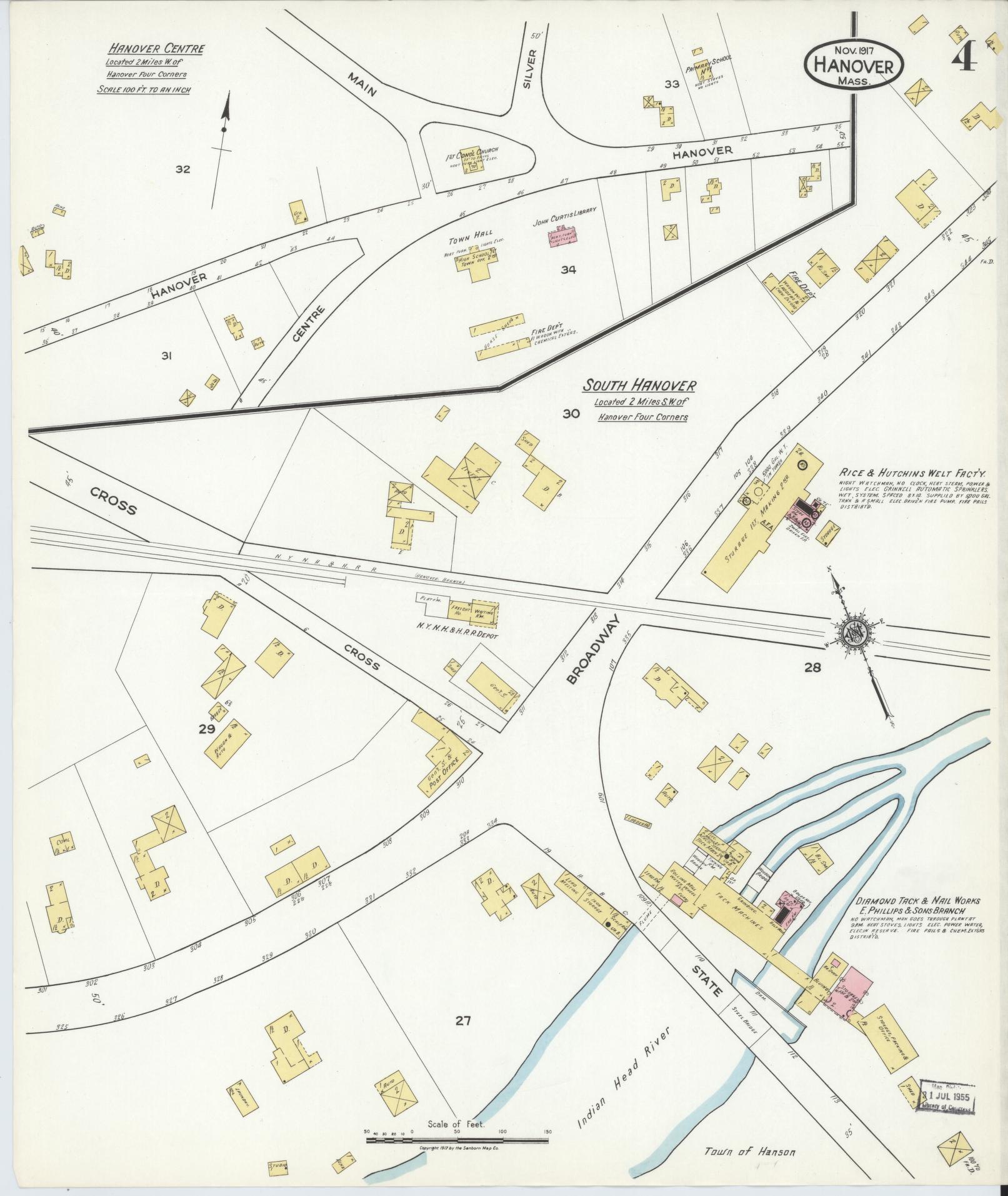 Sanborn Fire Insurance Map from Hanover, Plymouth County, Massachusetts (1917), Sheet #0004 - Complete Map Set gallery image, historic Sanborn map, vintage wall art, Massachusetts Massachusetts