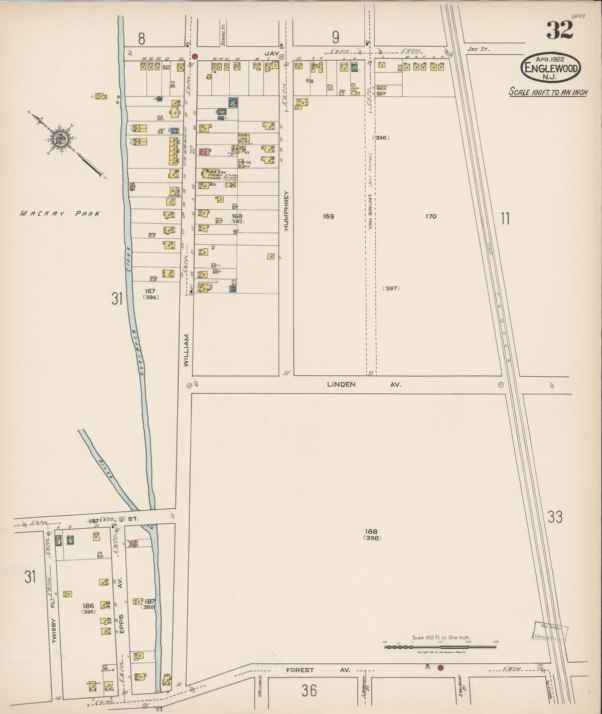Sanborn Fire Insurance Map from Englewood, Bergen County, New Jersey (1922), Sheet #0032 - Historic Sanborn Fire Insurance Map Print, vintage old map wall art, antique decor, genealogy gift, New Jersey New Jersey map