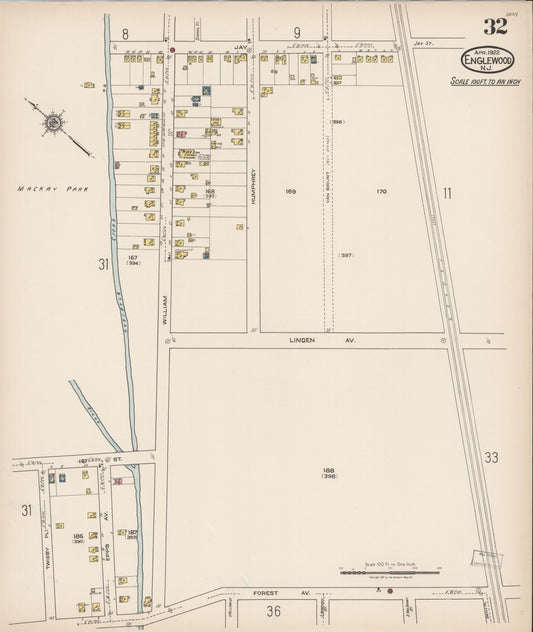 Sanborn Fire Insurance Map from Englewood, Bergen County, New Jersey (1922), Sheet #0032 - Historic Sanborn Fire Insurance Map Print, vintage old map wall art, antique decor, genealogy gift, New Jersey New Jersey map