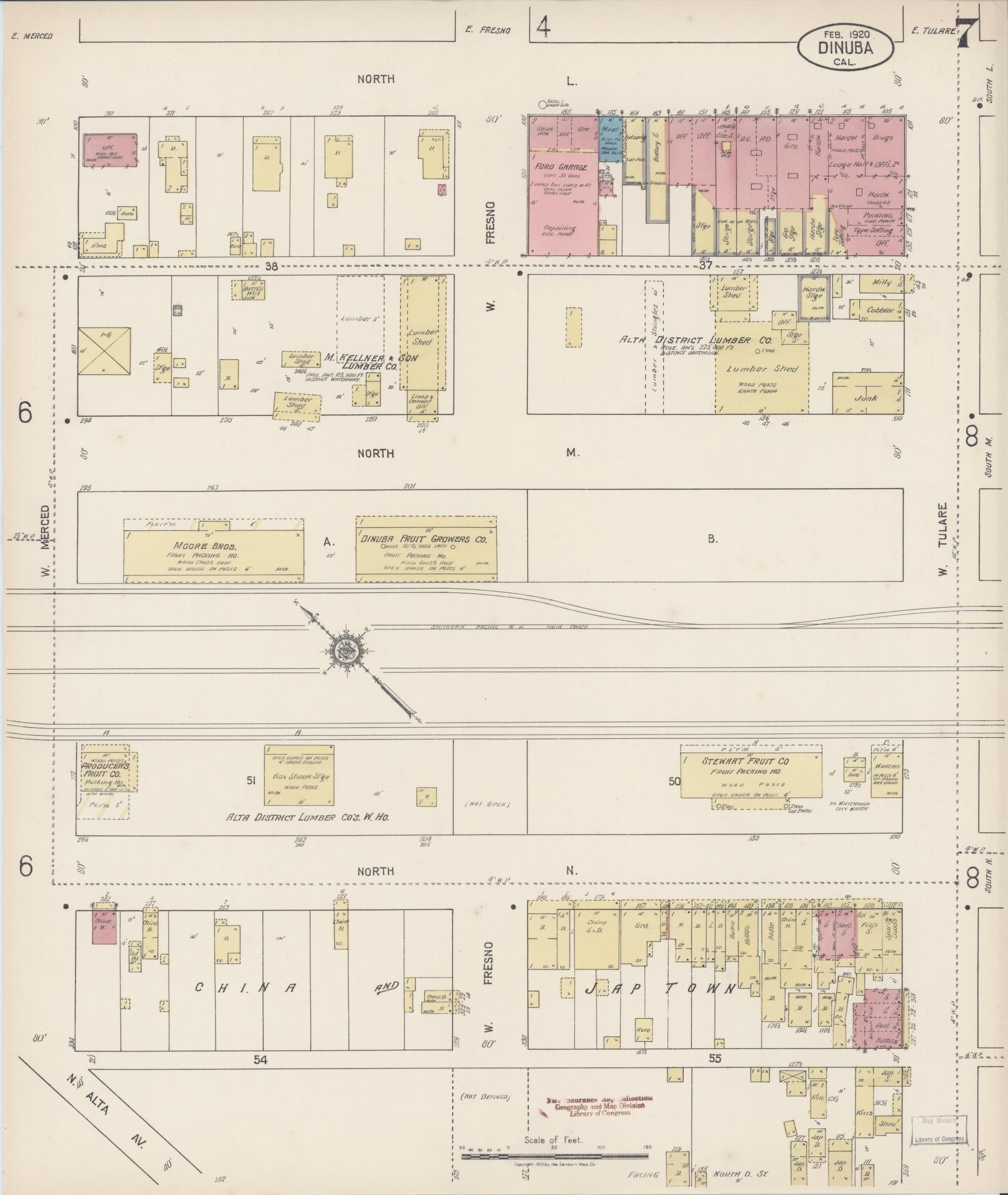 Sanborn Fire Insurance Map from Dinuba, Tulare County, California (1920), Sheet #0007 - Historic Sanborn Fire Insurance Map Print, vintage old map wall art, antique decor, genealogy gift, California California map