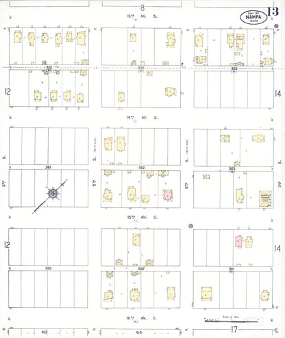 Sanborn Fire Insurance Map from Nampa, Canyon County, Idaho (1911), Sheet #0013 - Complete Map Set gallery image, historic Sanborn map, vintage wall art, Idaho Idaho