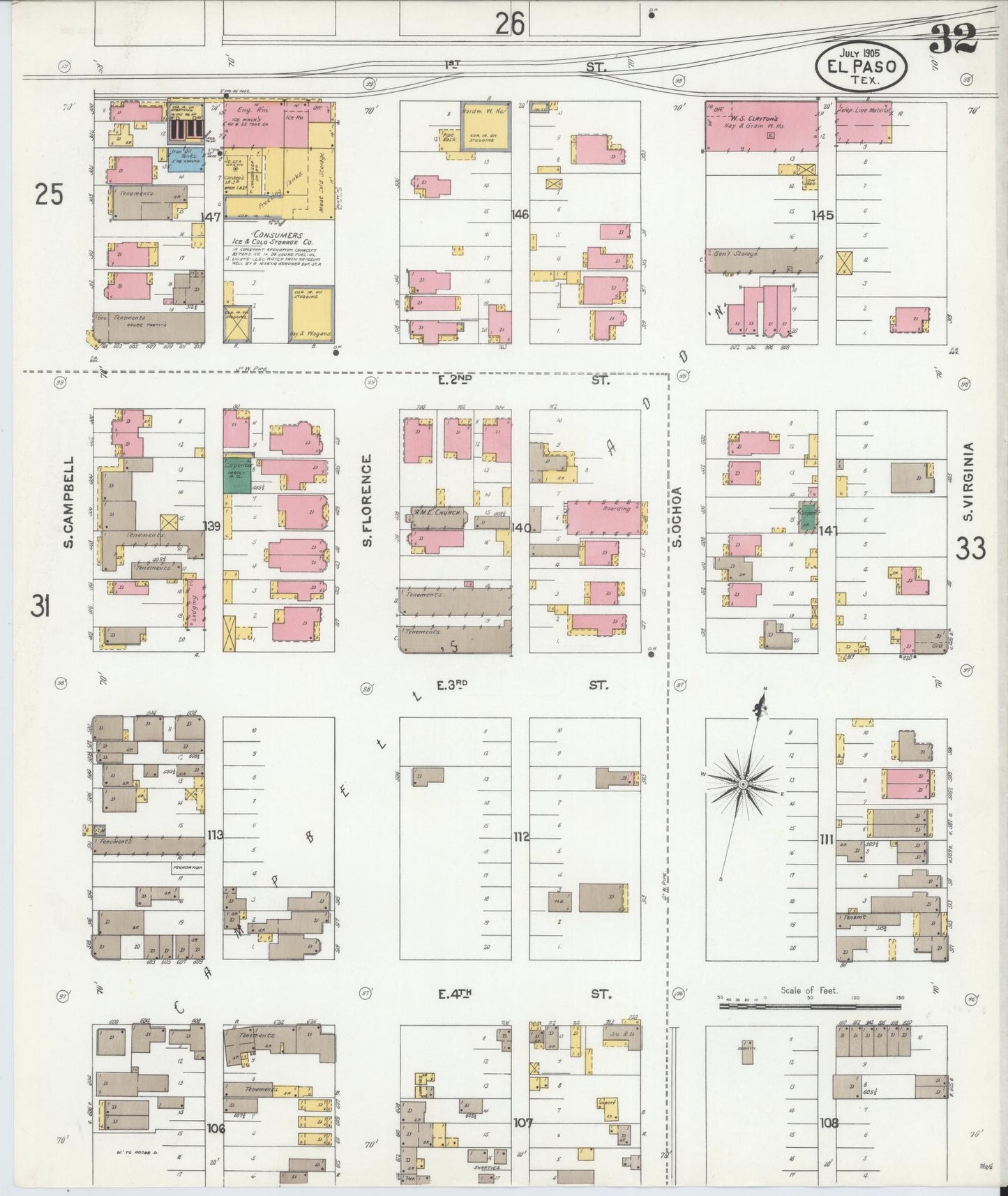 Sanborn Fire Insurance Map from El Paso, El Paso County, Texas (1905), Sheet #0032 - Complete Map Set gallery image, historic Sanborn map, vintage wall art, Texas Texas