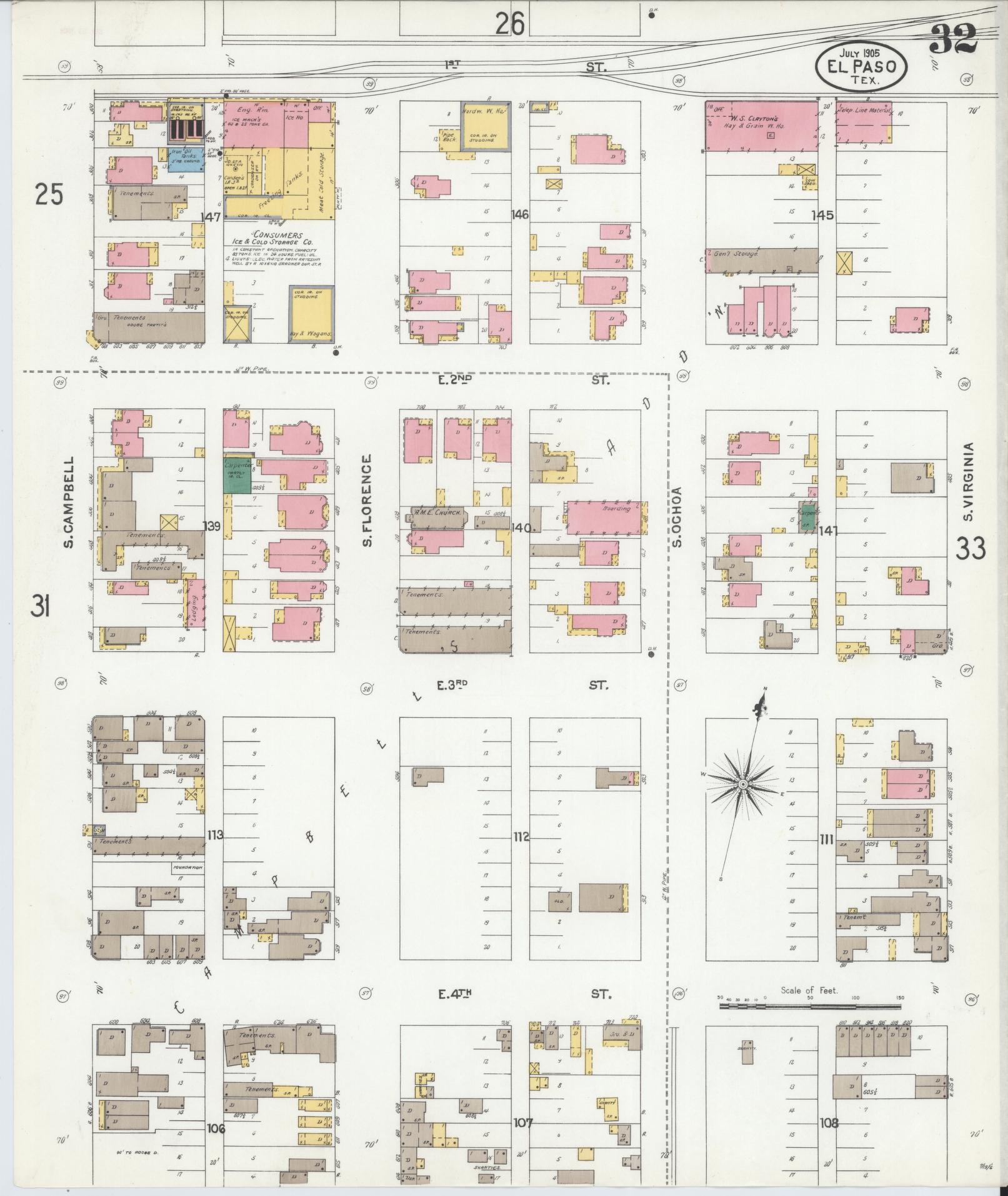 Sanborn Fire Insurance Map from El Paso, El Paso County, Texas (1905), Sheet #0032 - Complete Map Set gallery image, historic Sanborn map, vintage wall art, Texas Texas