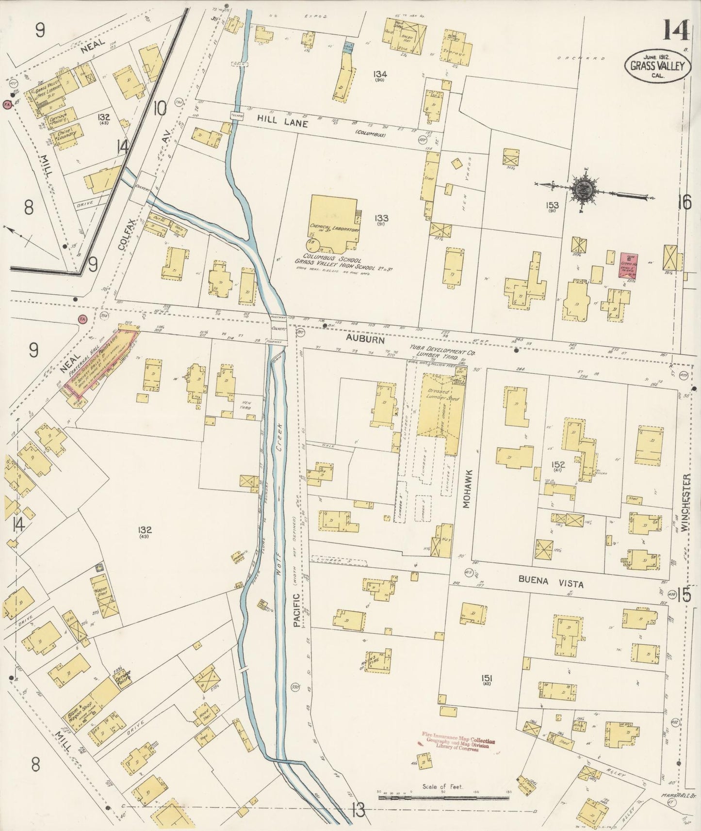 Sanborn Fire Insurance Map from Grass Valley, Nevada County, California (1912), Sheet #0014 - Historic Sanborn Fire Insurance Map Print, vintage old map wall art, antique decor, genealogy gift, Grass Valley Nevada map