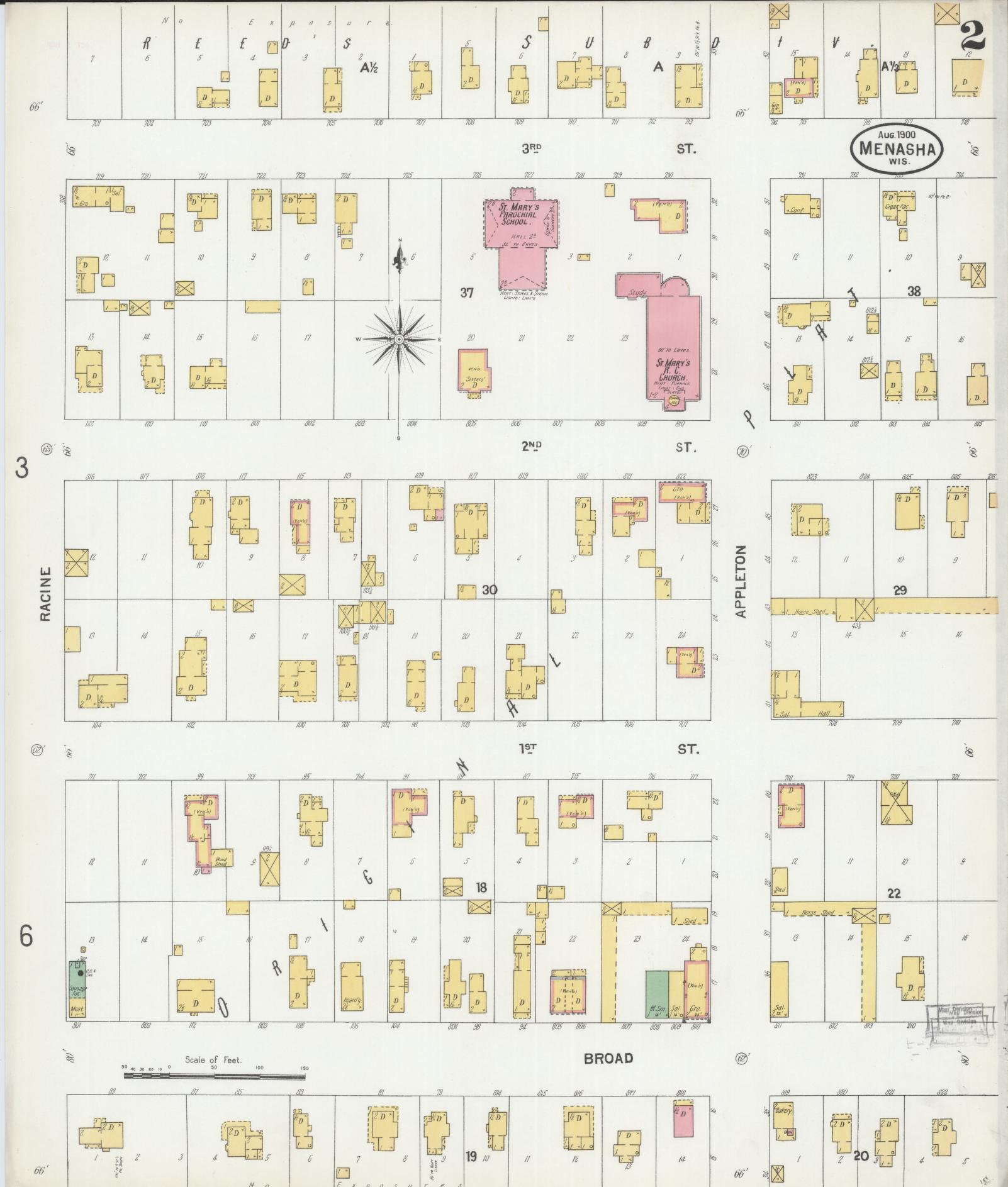Sanborn Fire Insurance Map from Menasha, Winnebago County, Wisconsin (1900), Sheet #0002 - Complete Map Set gallery image, historic Sanborn map, vintage wall art, Wisconsin Wisconsin