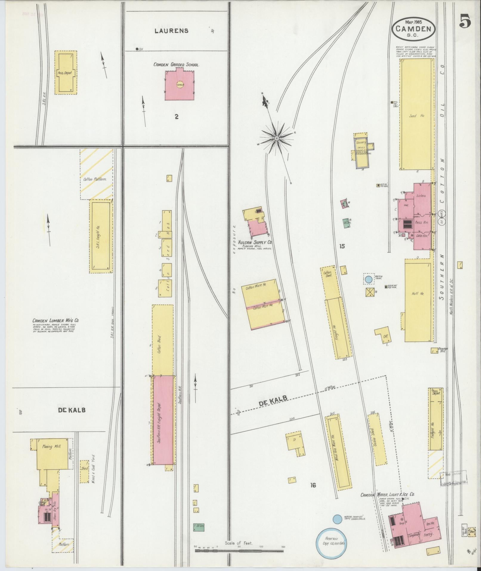 Sanborn Fire Insurance Map from Camden, Kershaw County, South Carolina (1905), Sheet #0005 - Historic Sanborn Fire Insurance Map Print, vintage old map wall art, antique decor, genealogy gift, South Carolina South Carolina map