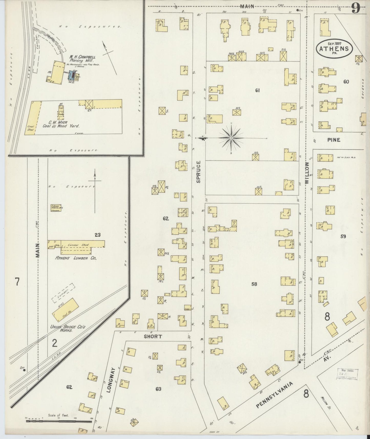 Sanborn Fire Insurance Map from Athens, Bradford County, Pennsylvania (1897), Sheet #0009 - Historic Sanborn Fire Insurance Map Print, vintage old map wall art, antique decor, genealogy gift, Pennsylvania Pennsylvania map