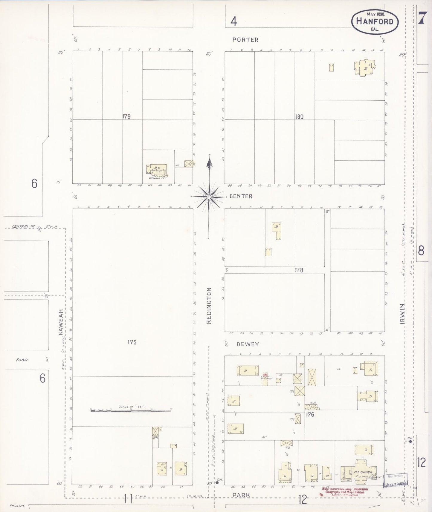 Sanborn Fire Insurance Map from Hanford, Kings County, California (1898), Sheet #0007 - Historic Sanborn Fire Insurance Map Print, vintage old map wall art, antique decor, genealogy gift, California California map