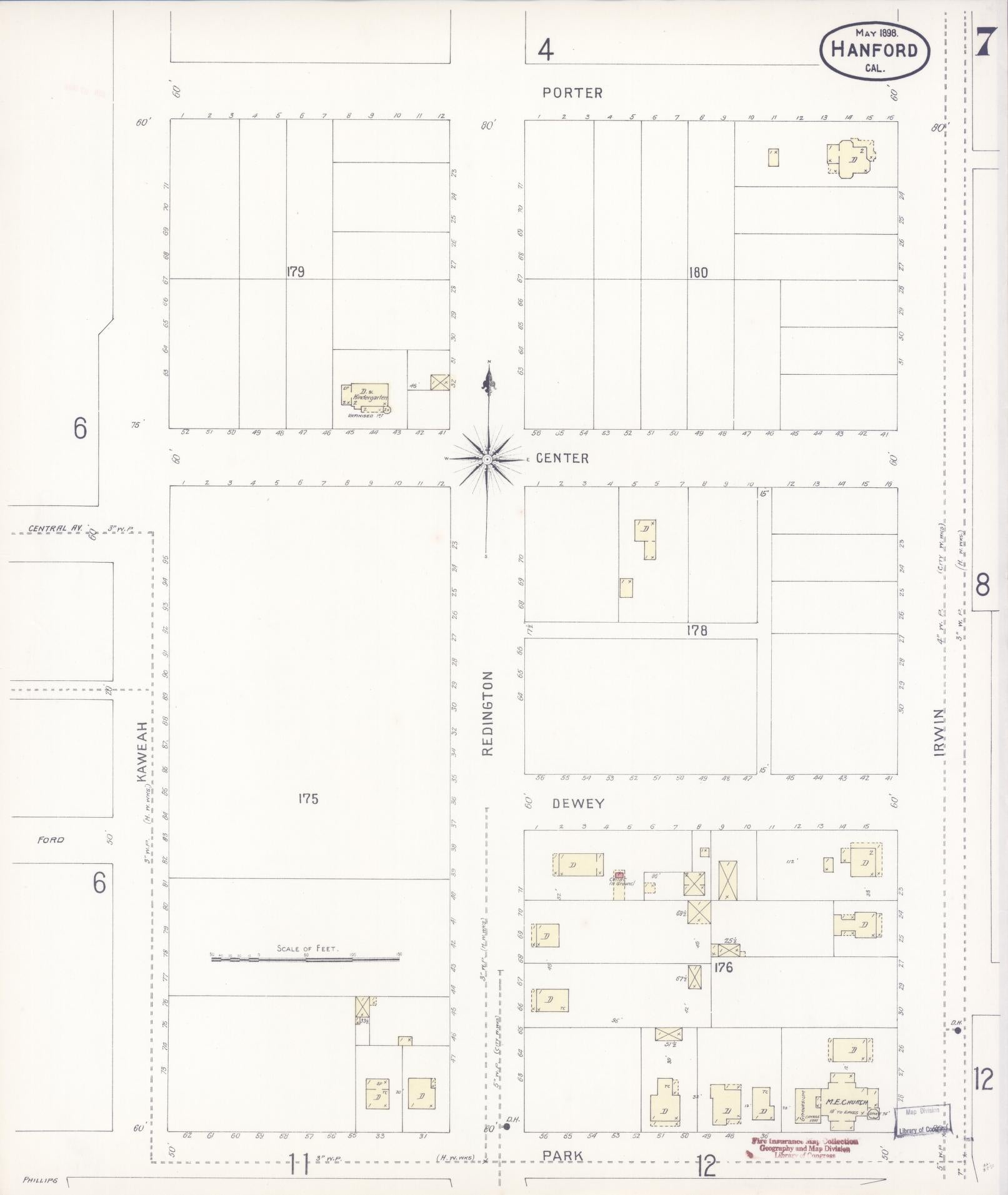 Sanborn Fire Insurance Map from Hanford, Kings County, California (1898), Sheet #0007 - Historic Sanborn Fire Insurance Map Print, vintage old map wall art, antique decor, genealogy gift, California California map
