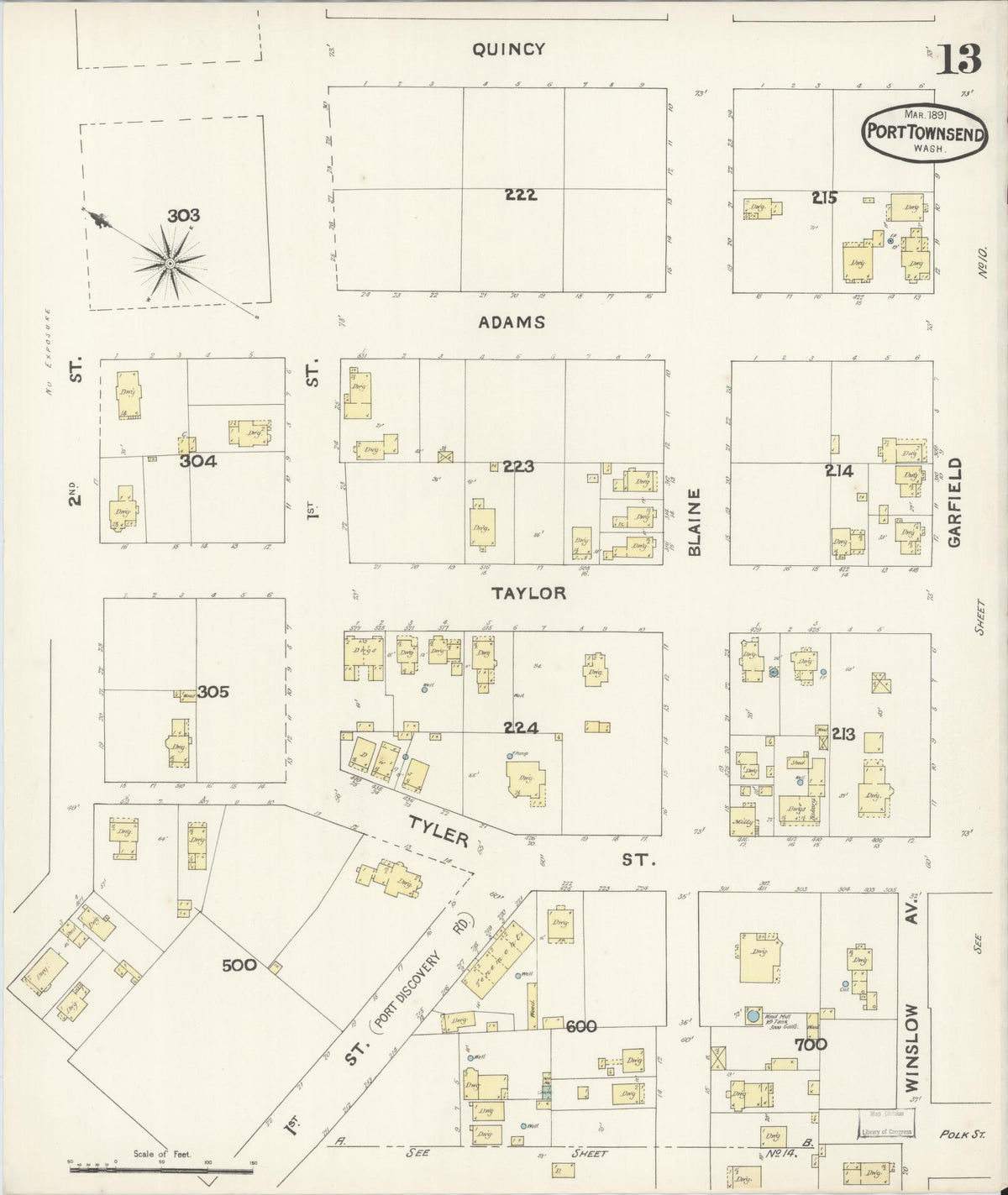 Sanborn Fire Insurance Map from Port Townsend, Jefferson County, Washington (1891), Sheet #0013 - Historic Sanborn Fire Insurance Map Print, vintage old map wall art, antique decor, genealogy gift, Washington Washington map