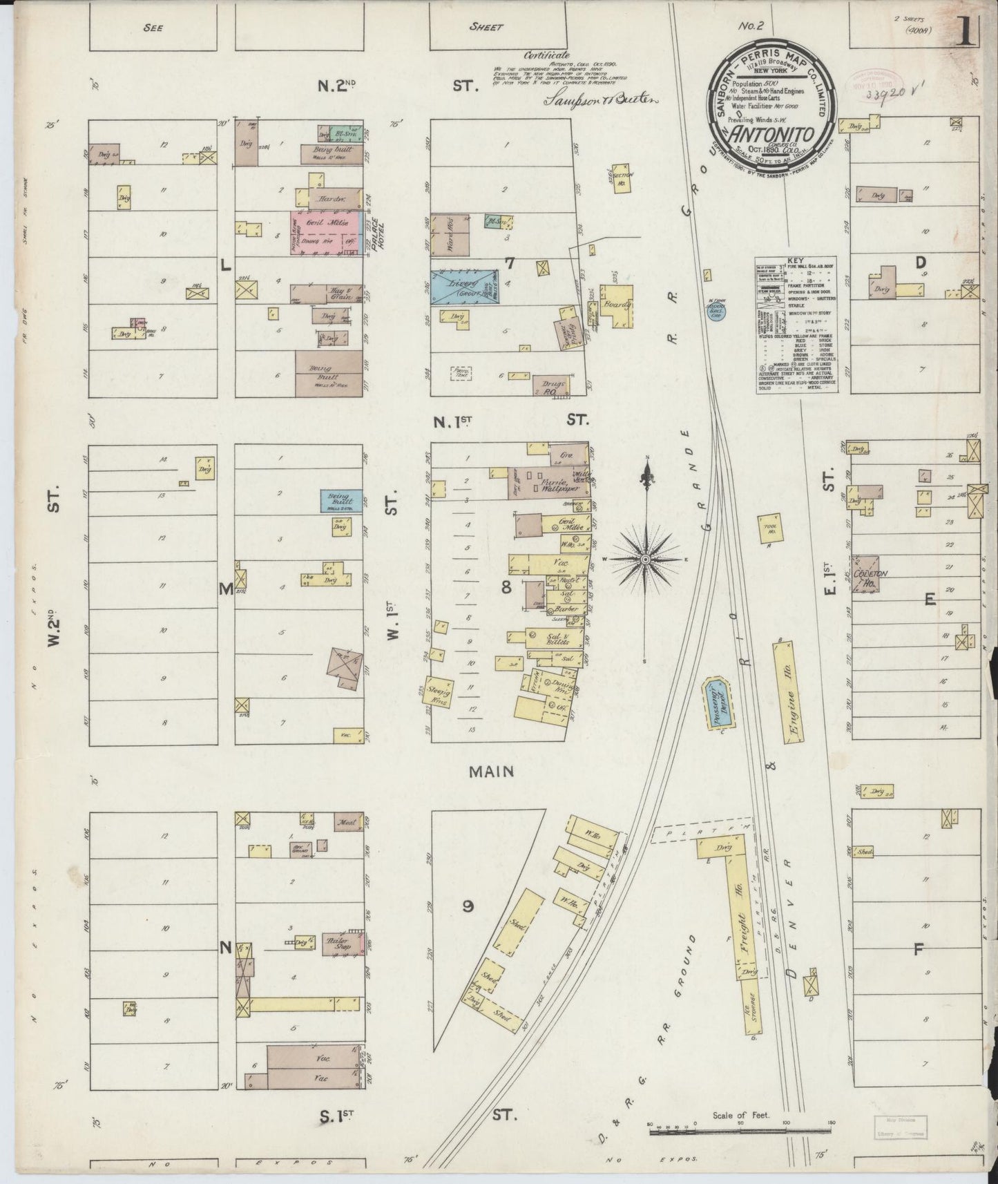 Sanborn Fire Insurance Map from Antonito, Conejos County, Colorado (1890), Sheet #0001 - Complete Map Set gallery image, historic Sanborn map, vintage wall art, Colorado Colorado