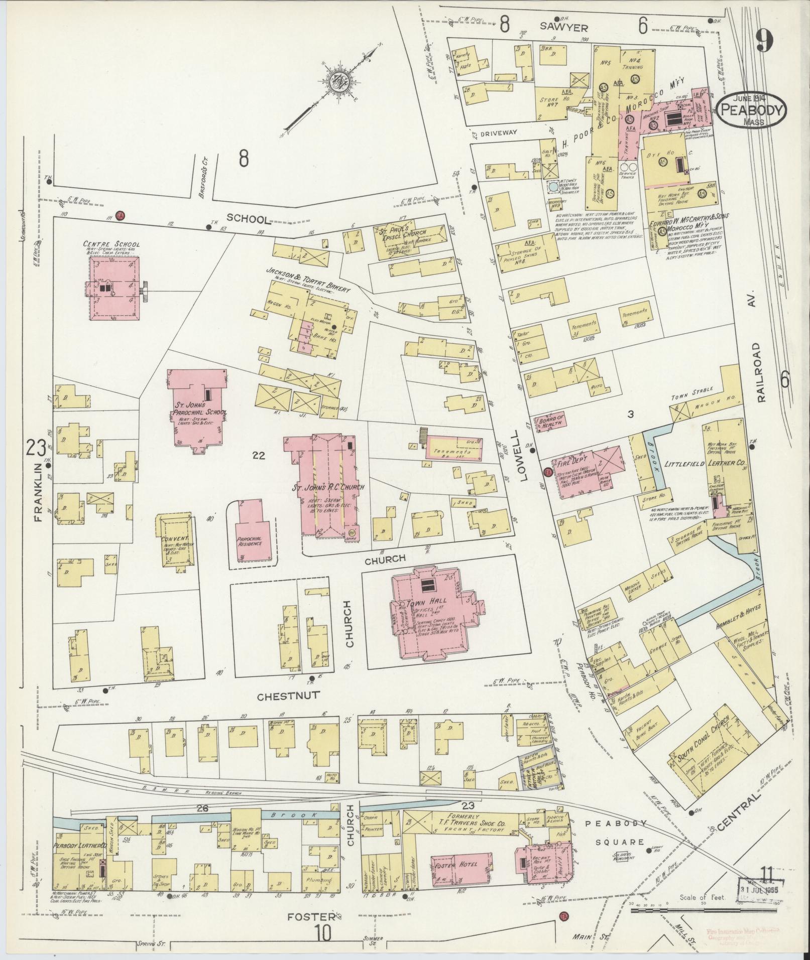 Sanborn Fire Insurance Map from Peabody, Essex County, Massachusetts (1914), Sheet #0009 - Historic Sanborn Fire Insurance Map Print, vintage old map wall art, antique decor, genealogy gift, Massachusetts Massachusetts map