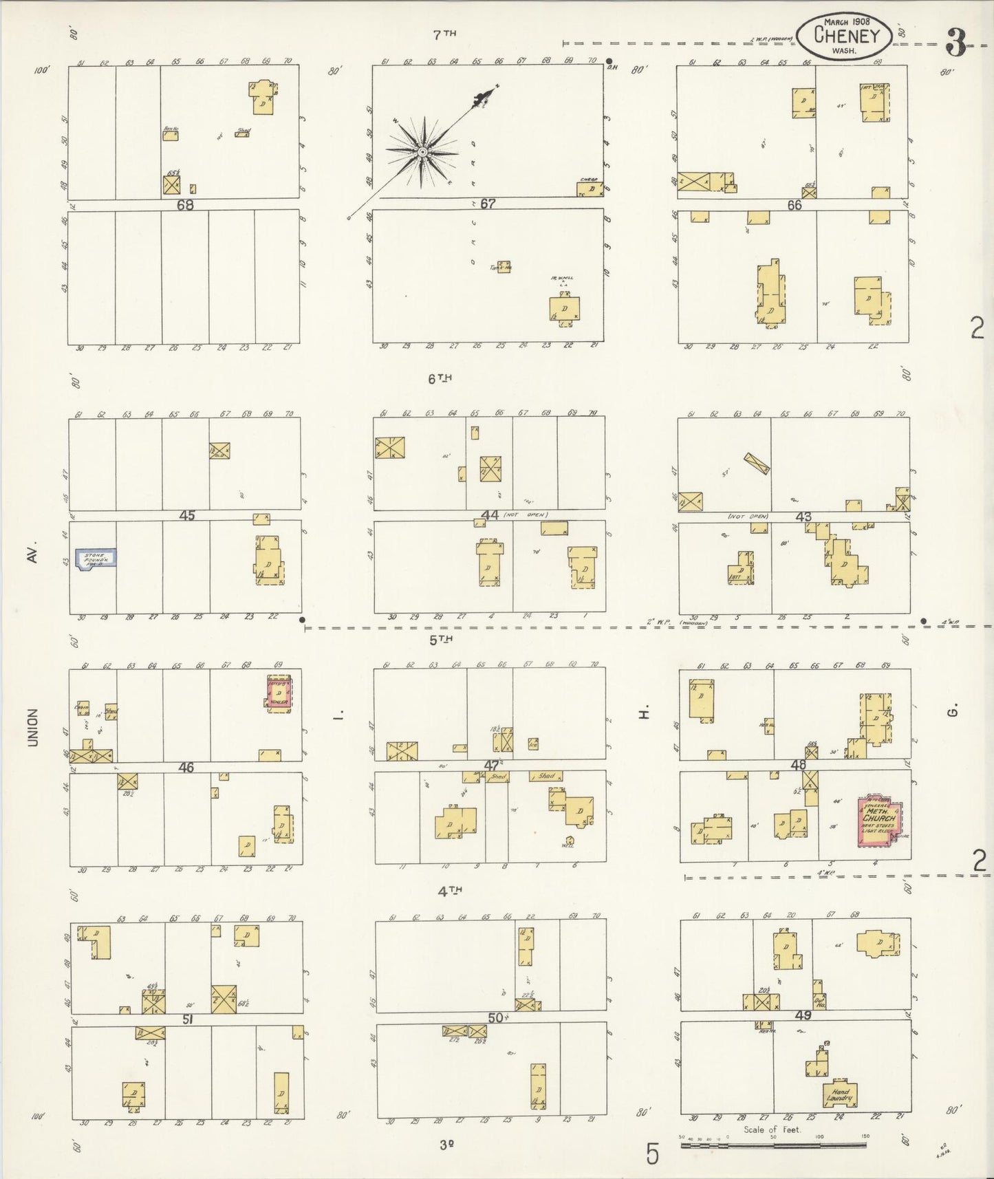 Sanborn Fire Insurance Map from Cheney, Spokane County, Washington (1908), Sheet #0003 - Complete Map Set gallery image, historic Sanborn map, vintage wall art, Washington Washington