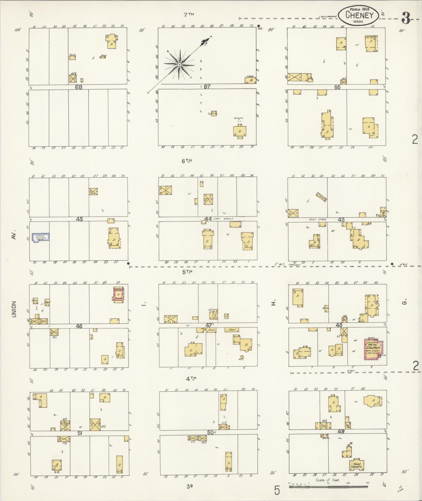 Sanborn Fire Insurance Map from Cheney, Spokane County, Washington (1908), Sheet #0003 - Complete Map Set gallery image, historic Sanborn map, vintage wall art, Washington Washington
