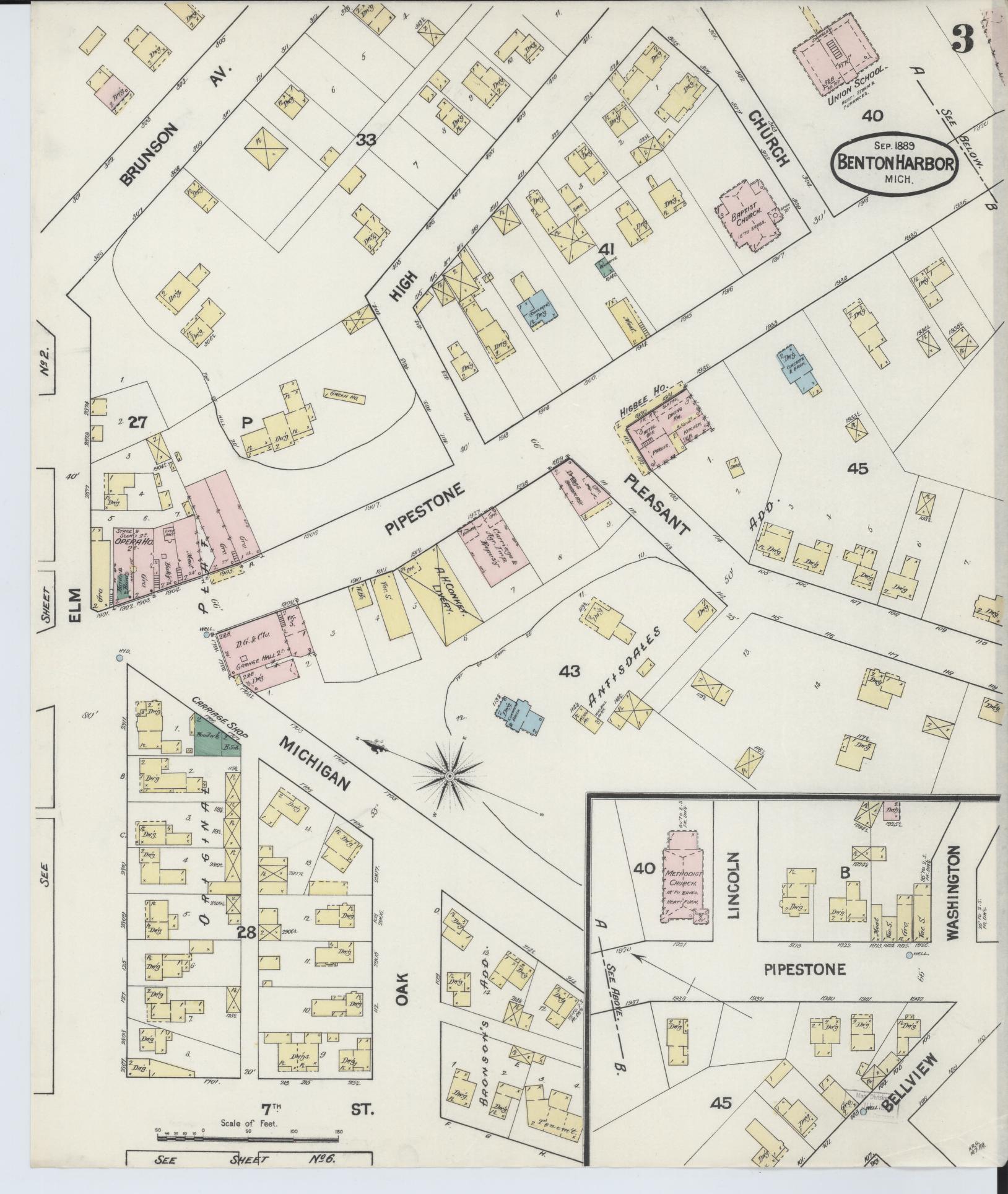 Sanborn Fire Insurance Map from Benton Harbor, Berrien County, Michigan (1889), Sheet #0003 - Historic Sanborn Fire Insurance Map Print, vintage old map wall art, antique decor, genealogy gift, Michigan Michigan map