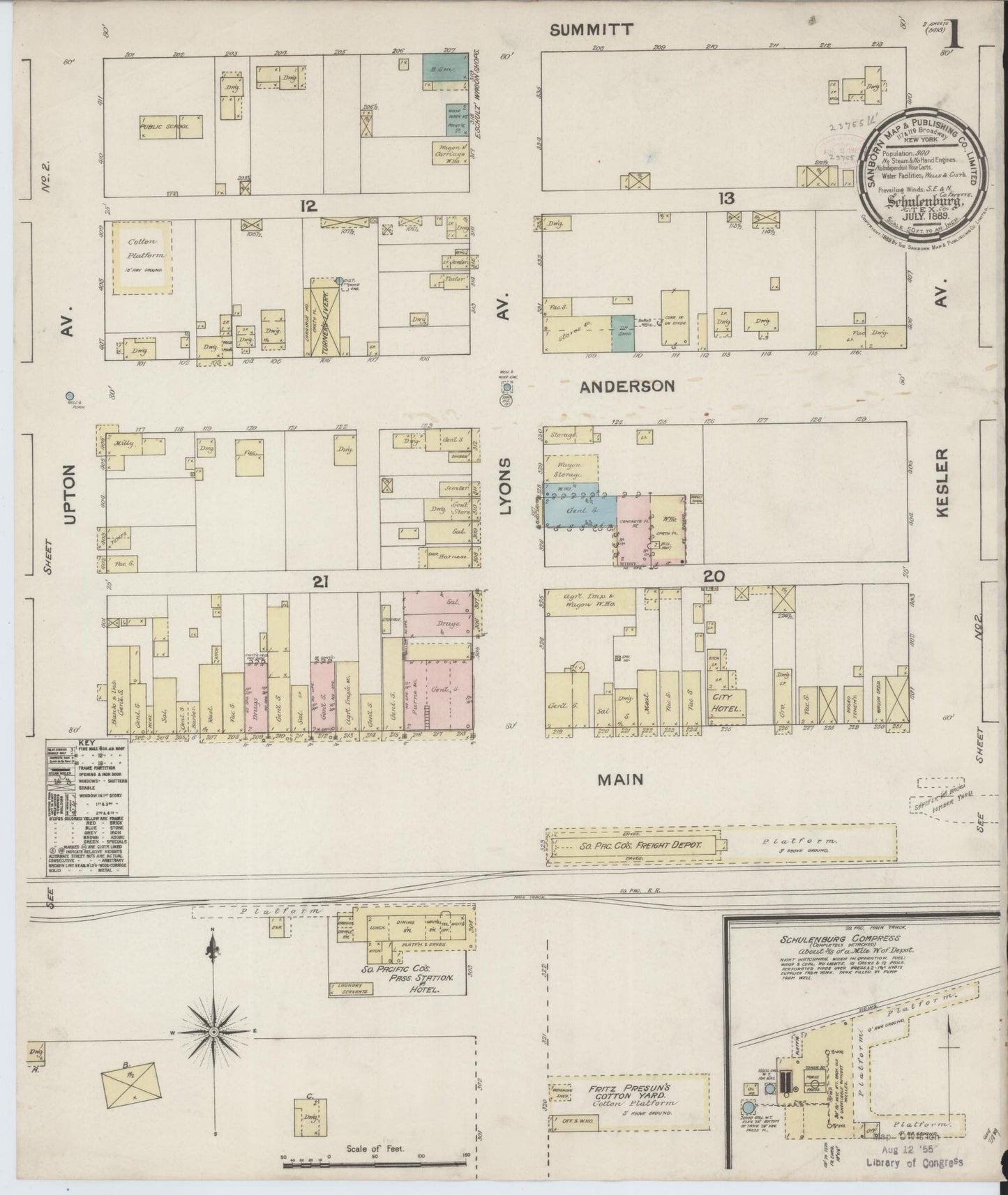 Sanborn Fire Insurance Map from Schulenburg, Fayette County, Texas. (1889) – Historic Sanborn Fire Insurance Map Print