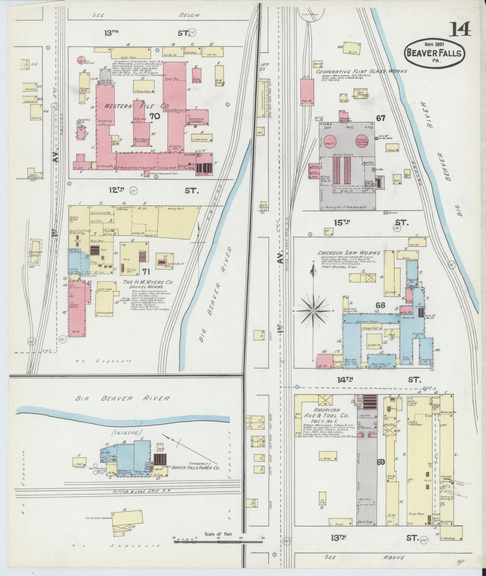 Sanborn Fire Insurance Map from Beaver Falls, Beaver County, Pennsylvania (1891), Sheet #0014 - Historic Sanborn Fire Insurance Map Print, vintage old map wall art, antique decor, genealogy gift, Pennsylvania Pennsylvania map