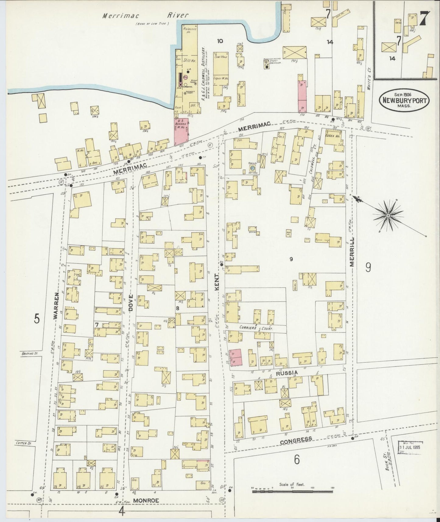Sanborn Fire Insurance Map from Newburyport, Essex County, Massachusetts (1906), Sheet #0007 - Historic Sanborn Fire Insurance Map Print, vintage old map wall art, antique decor, genealogy gift, Massachusetts Massachusetts map