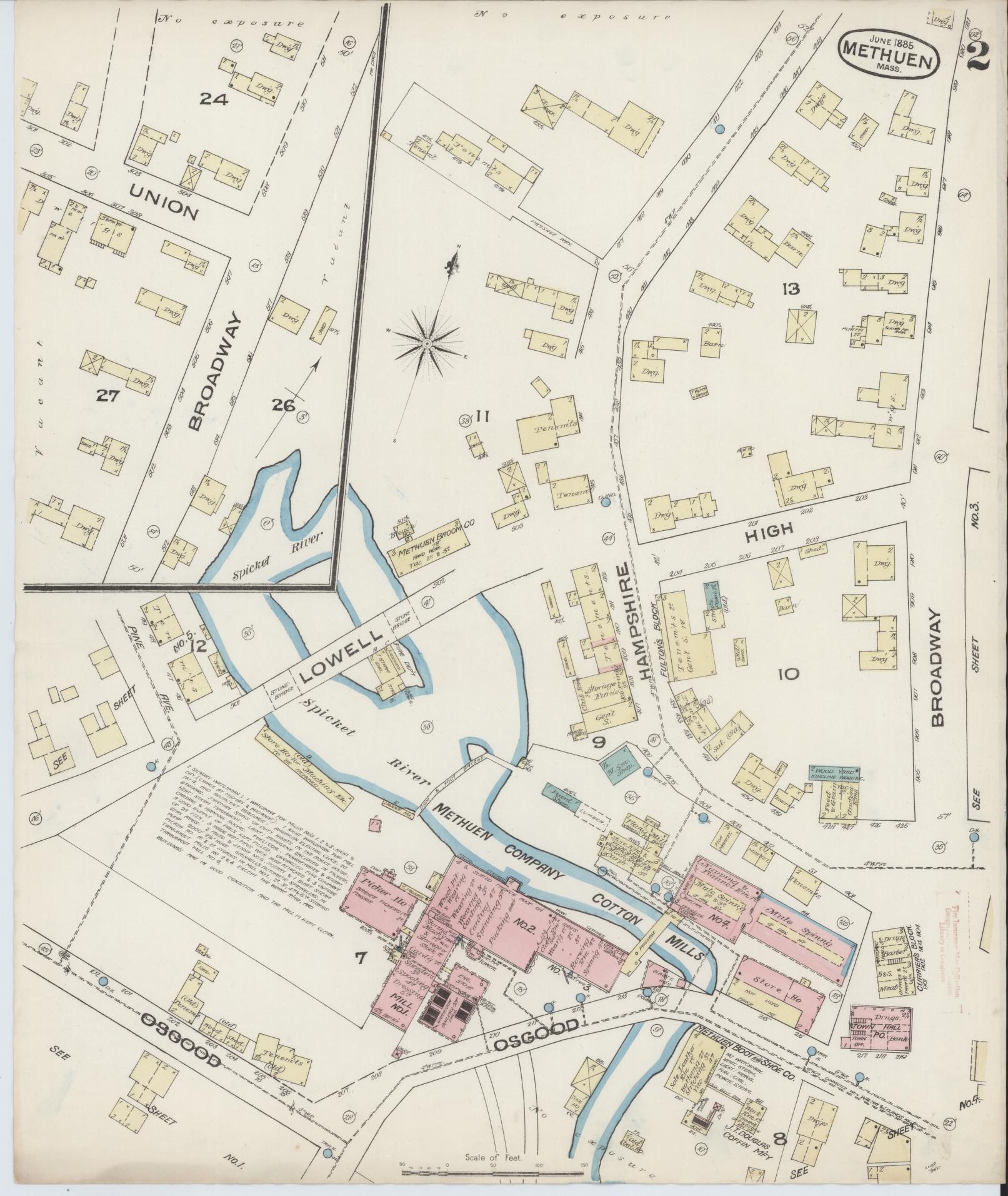 Sanborn Fire Insurance Map from Methuen, Essex County, Massachusetts (1885), Sheet #0002 - Historic Sanborn Fire Insurance Map Print, vintage old map wall art, antique decor, genealogy gift, Massachusetts Massachusetts map
