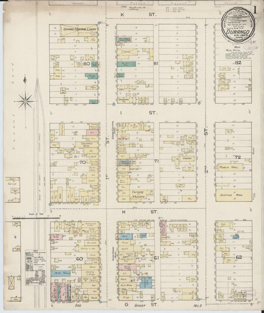 Sanborn Fire Insurance Map from Durango, La Plata County, Colorado (1886), Sheet #0001 - Complete Map Set gallery image, historic Sanborn map, vintage wall art, Colorado Colorado