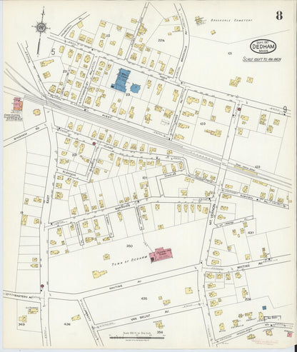 Sanborn Fire Insurance Map from Dedham, Norfolk County, Massachusetts (1917), Sheet #0008 - Historic Sanborn Fire Insurance Map Print, vintage old map wall art, antique decor, genealogy gift, Massachusetts Massachusetts map