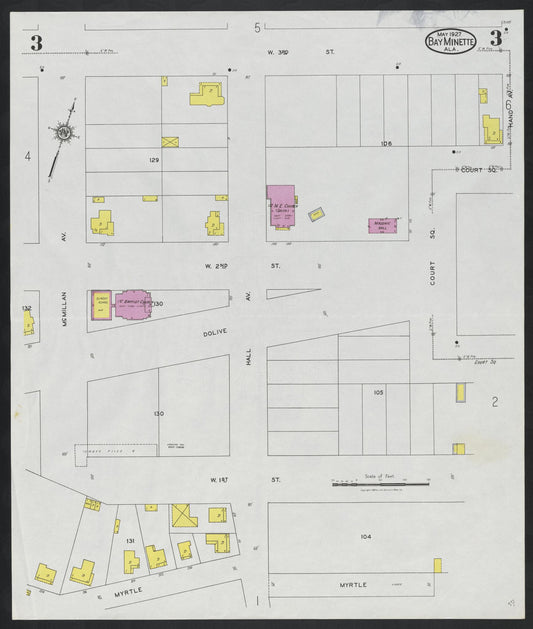 Sanborn Fire Insurance Map from Bay Minette, Baldwin County, Alabama (1927), Sheet #0003 - Historic Sanborn Fire Insurance Map Print, vintage old map wall art, antique decor, genealogy gift, Alabama Alabama map
