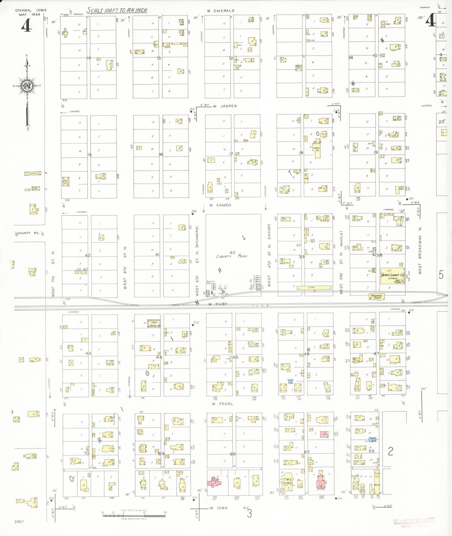 Sanborn Fire Insurance Map from Onawa, Monona County, Iowa (1934), Sheet #0004 - Historic Sanborn Fire Insurance Map Print