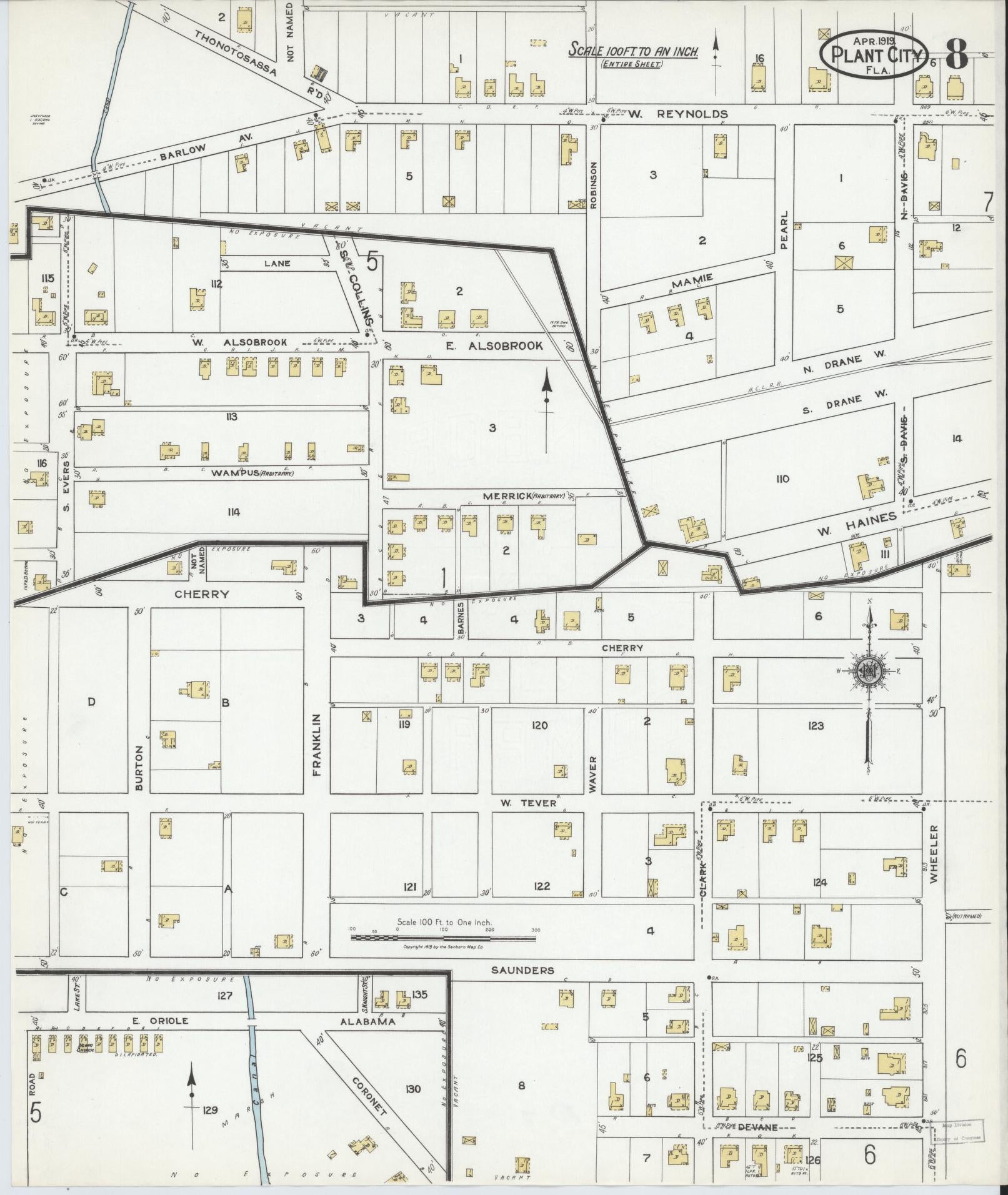 Sanborn Fire Insurance Map from Plant City, Hillborough County, Florida (1919), Sheet #0008 - Historic Sanborn Fire Insurance Map Print, vintage old map wall art, antique decor, genealogy gift, Florida Florida map