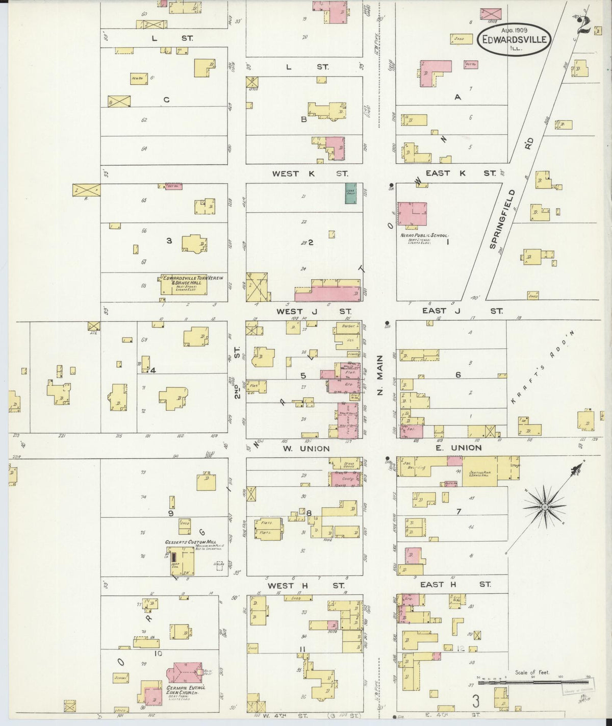 Sanborn Fire Insurance Map from Edwardsville, Madison County, Illinois (1909), Sheet #0002 - Historic Sanborn Fire Insurance Map Print, vintage old map wall art, antique decor, genealogy gift, Illinois Illinois map