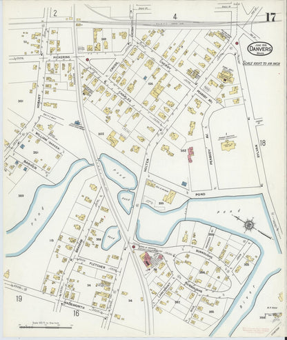 Sanborn Fire Insurance Map from Danvers, Essex County, Massachusetts (1916), Sheet #0017 - Historic Sanborn Fire Insurance Map Print, vintage old map wall art, antique decor, genealogy gift, Massachusetts Massachusetts map