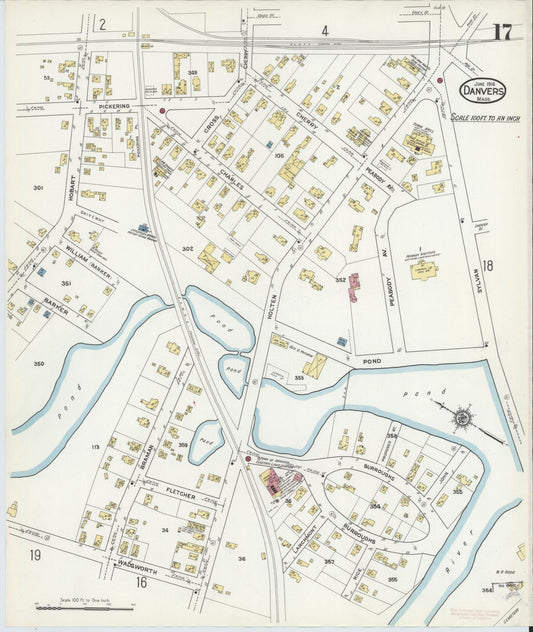 Sanborn Fire Insurance Map from Danvers, Essex County, Massachusetts (1916), Sheet #0017 - Historic Sanborn Fire Insurance Map Print, vintage old map wall art, antique decor, genealogy gift, Massachusetts Massachusetts map